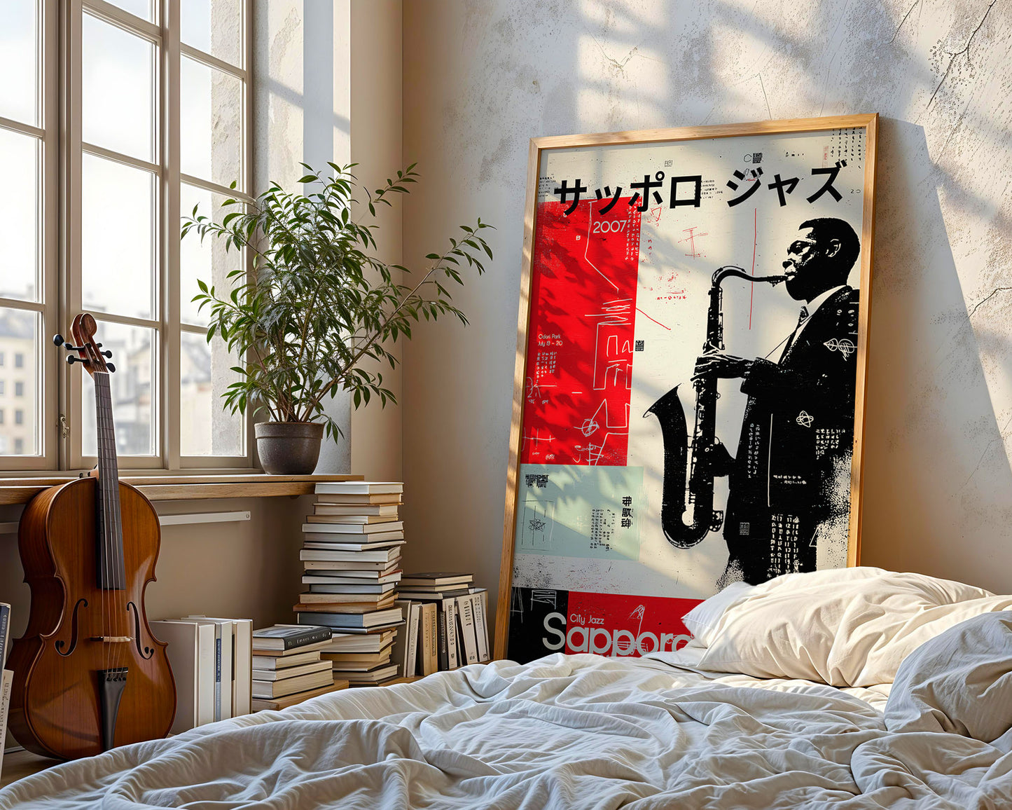 Mid-century modern wall art print featured in neutral interior design space