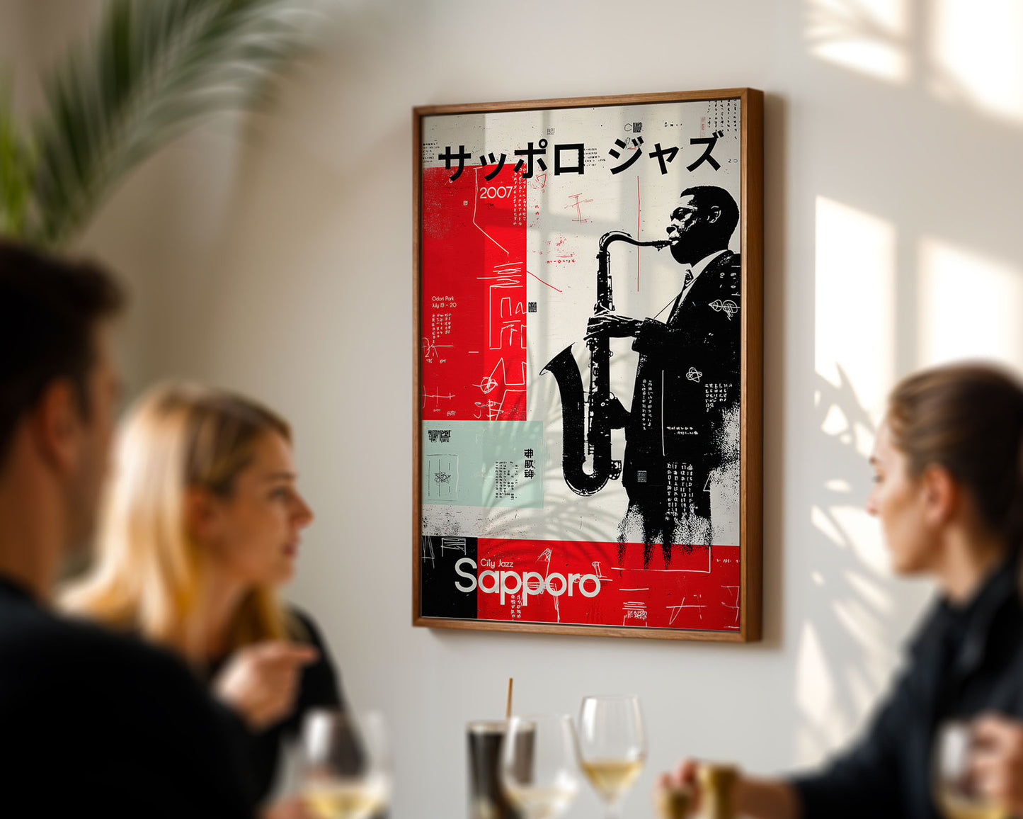 Framed poster of a saxophonist with Sapporo branding in a restaurant setting
