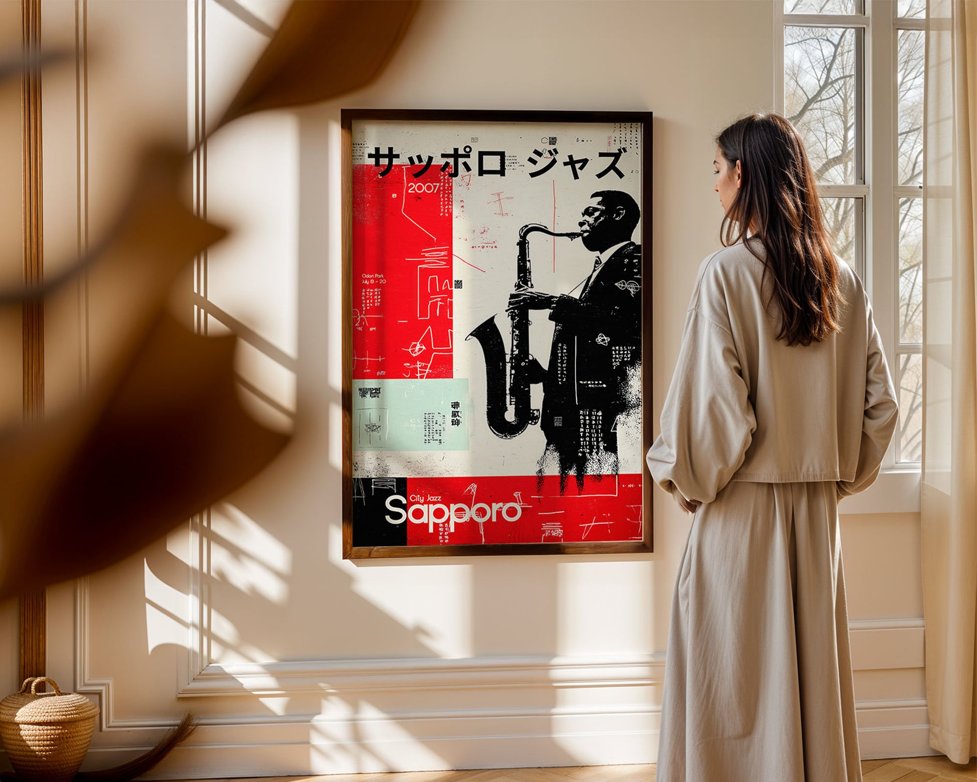 Woman standing in a room with a framed poster of a saxophonist on a wall.