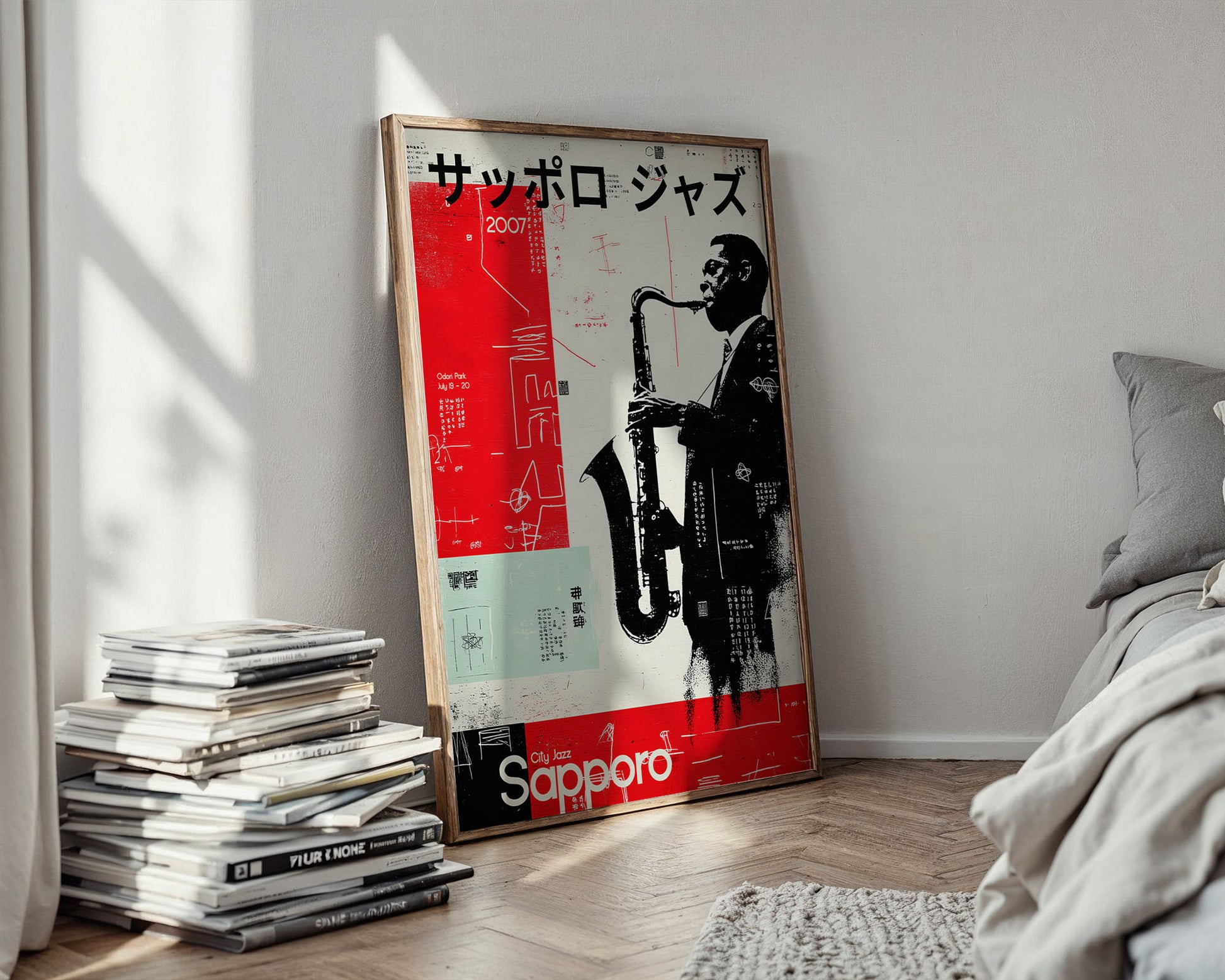Poster of a saxophonist on a wall in a room with books and a bed.