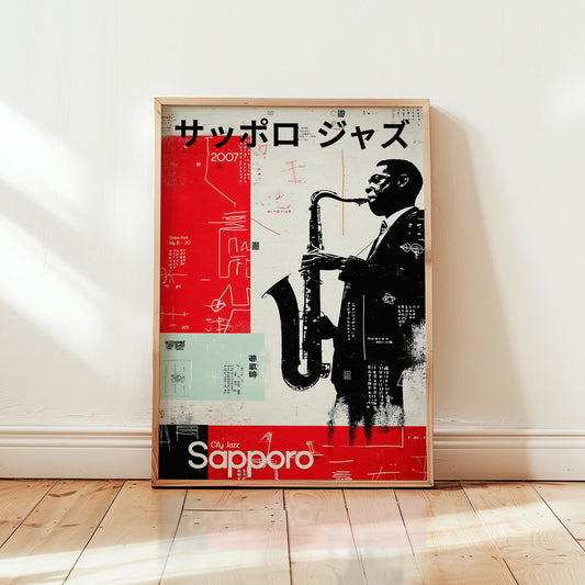 Sapporo Jazz Festival print featuring Japanese typography and bold red black modern saxophone wall art
