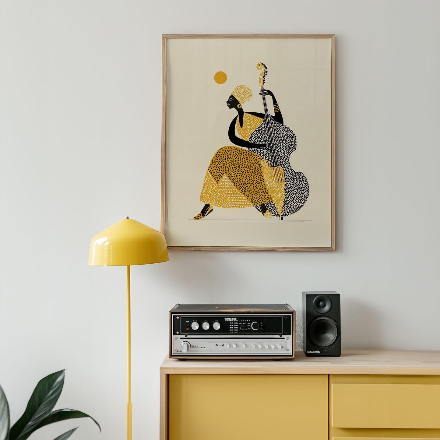 Modern jazz wall art of upright bass player inspired by Alice Coltrane with bold yellow and black graphic design
