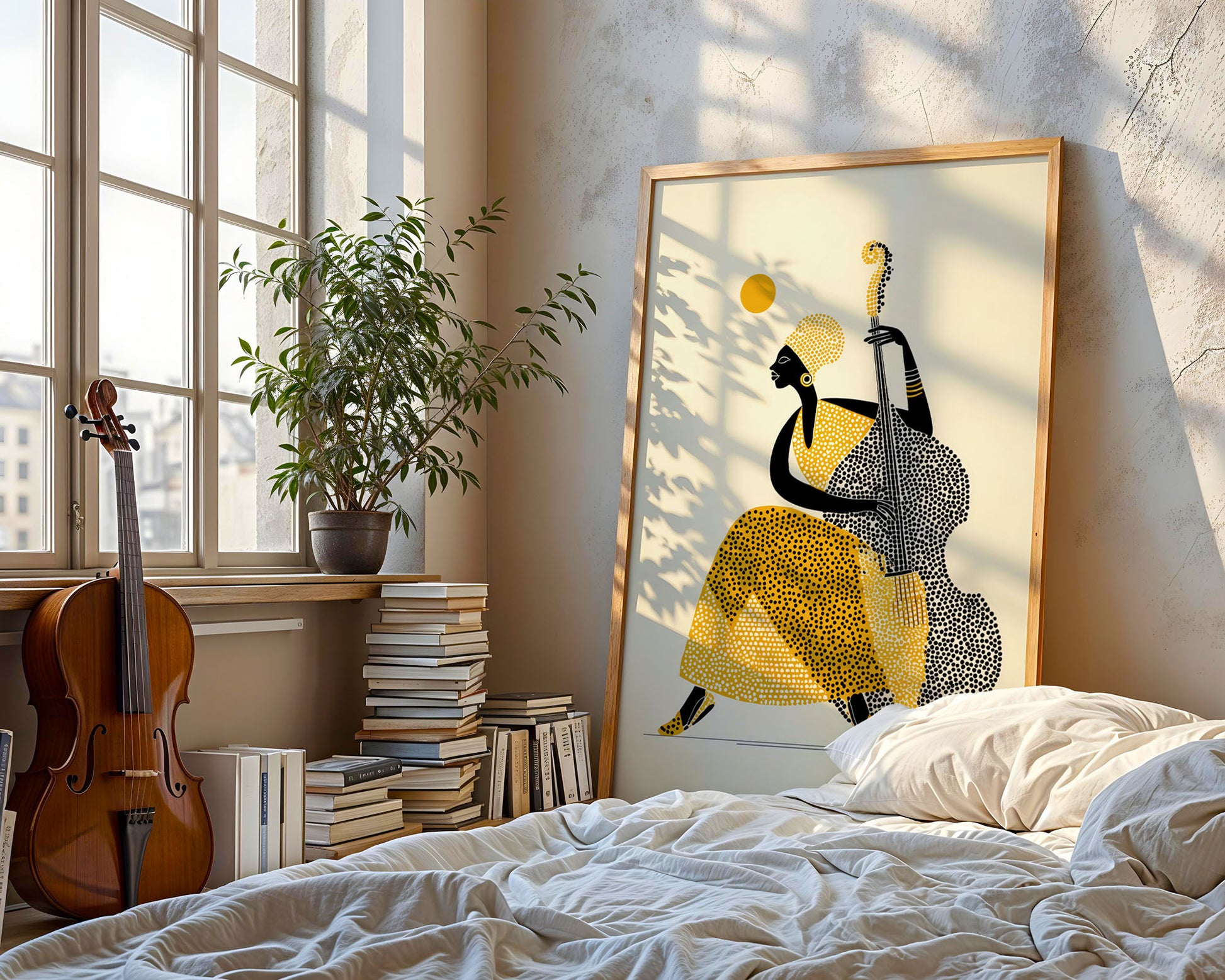 Framed artwork of a woman playing a double bass in a bedroom with books and a violin.