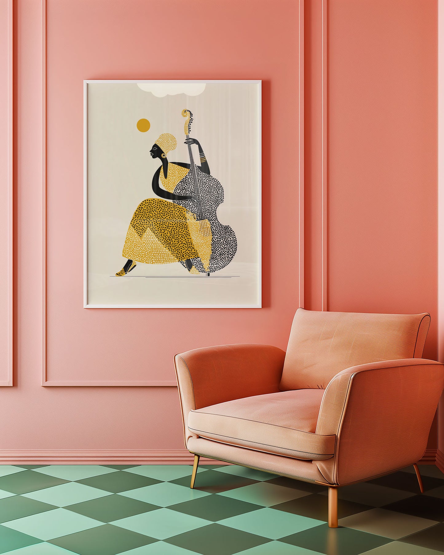 Pink armchair in a room with a colorful abstract painting on the wall.