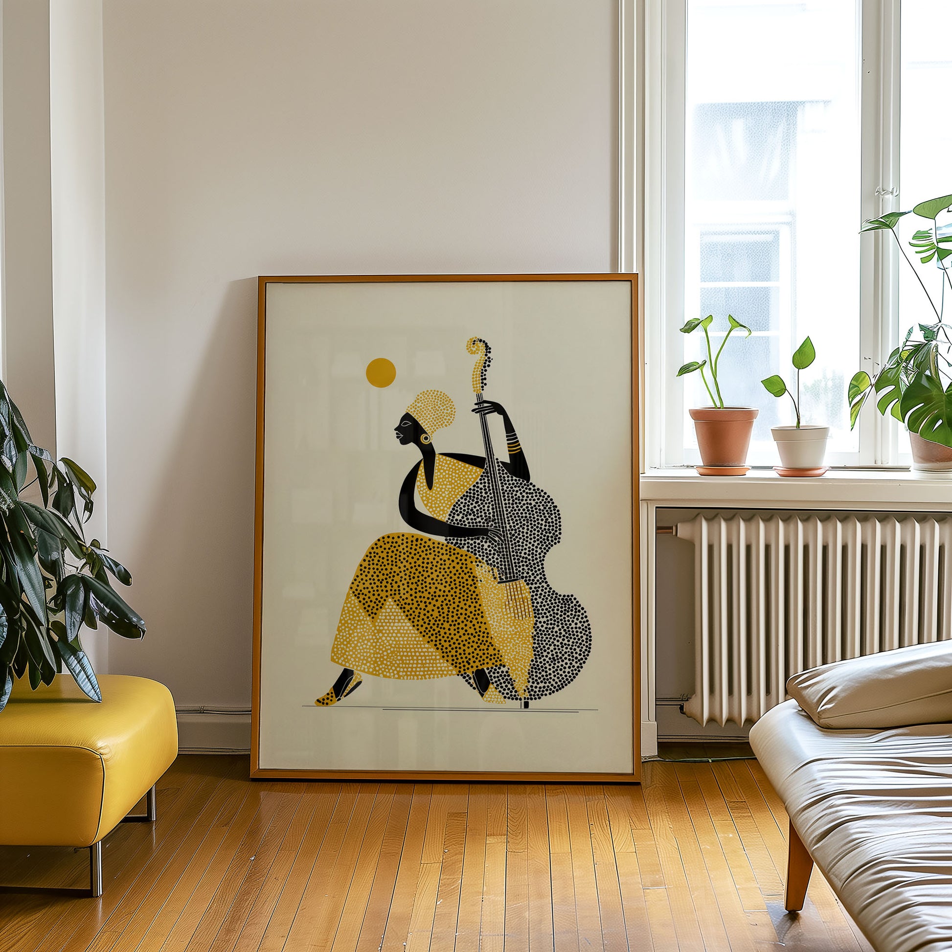 Framed abstract artwork of a person playing a double bass in a living room.