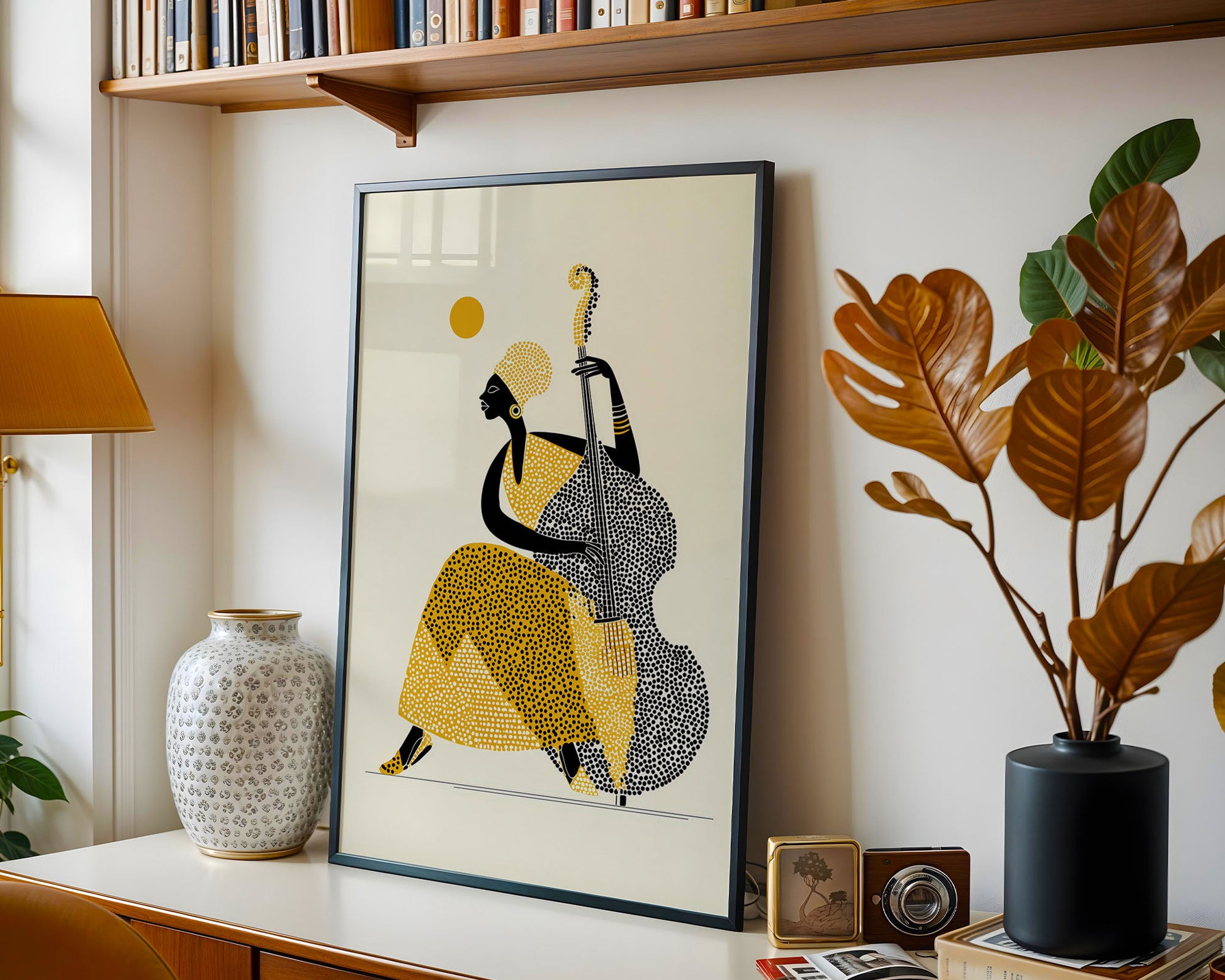 Contemporary jazz art print with stylised double bass musician in warm mustard and black minimalist style
