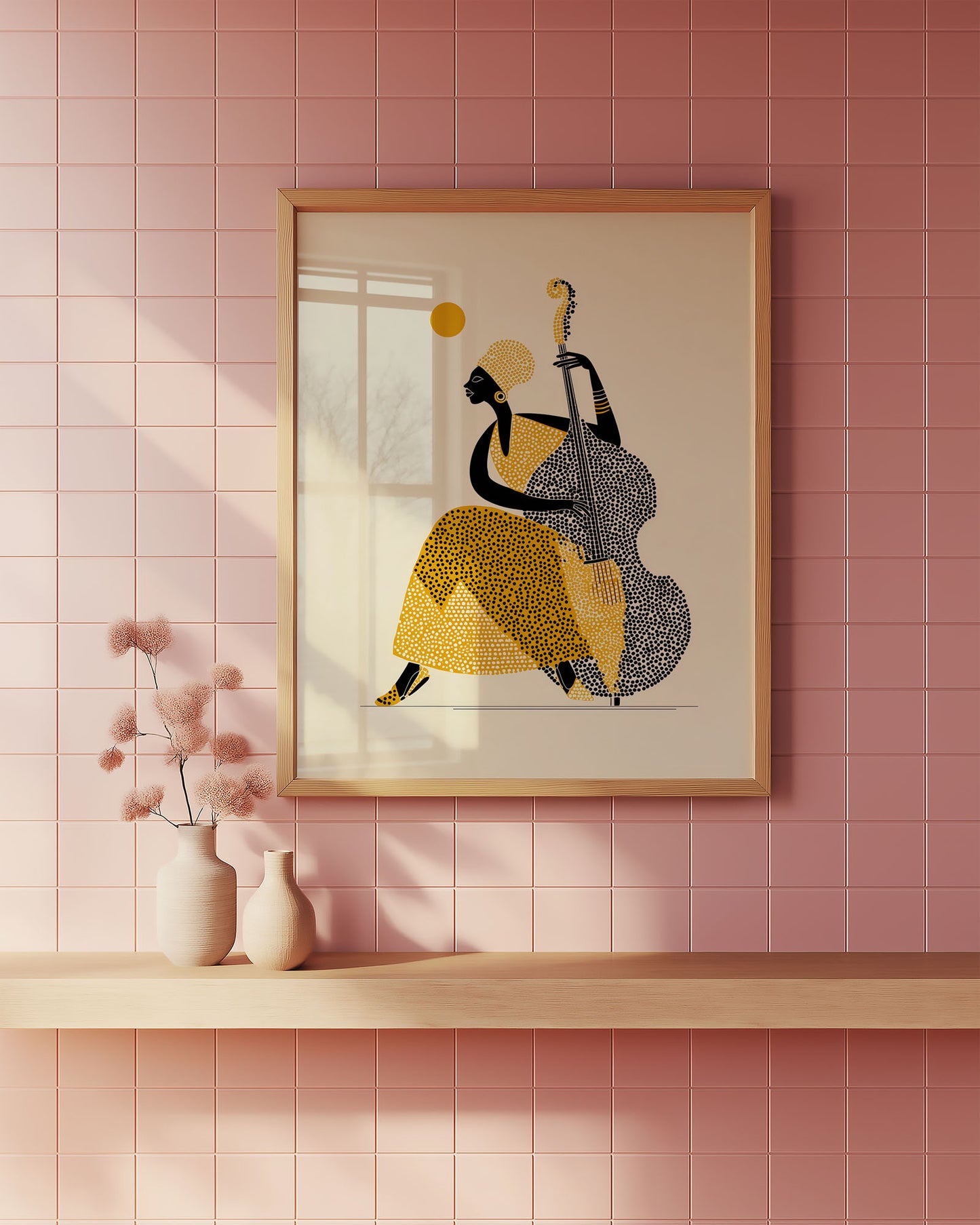 Framed abstract art print of a person playing a double bass on a pink tiled wall.
