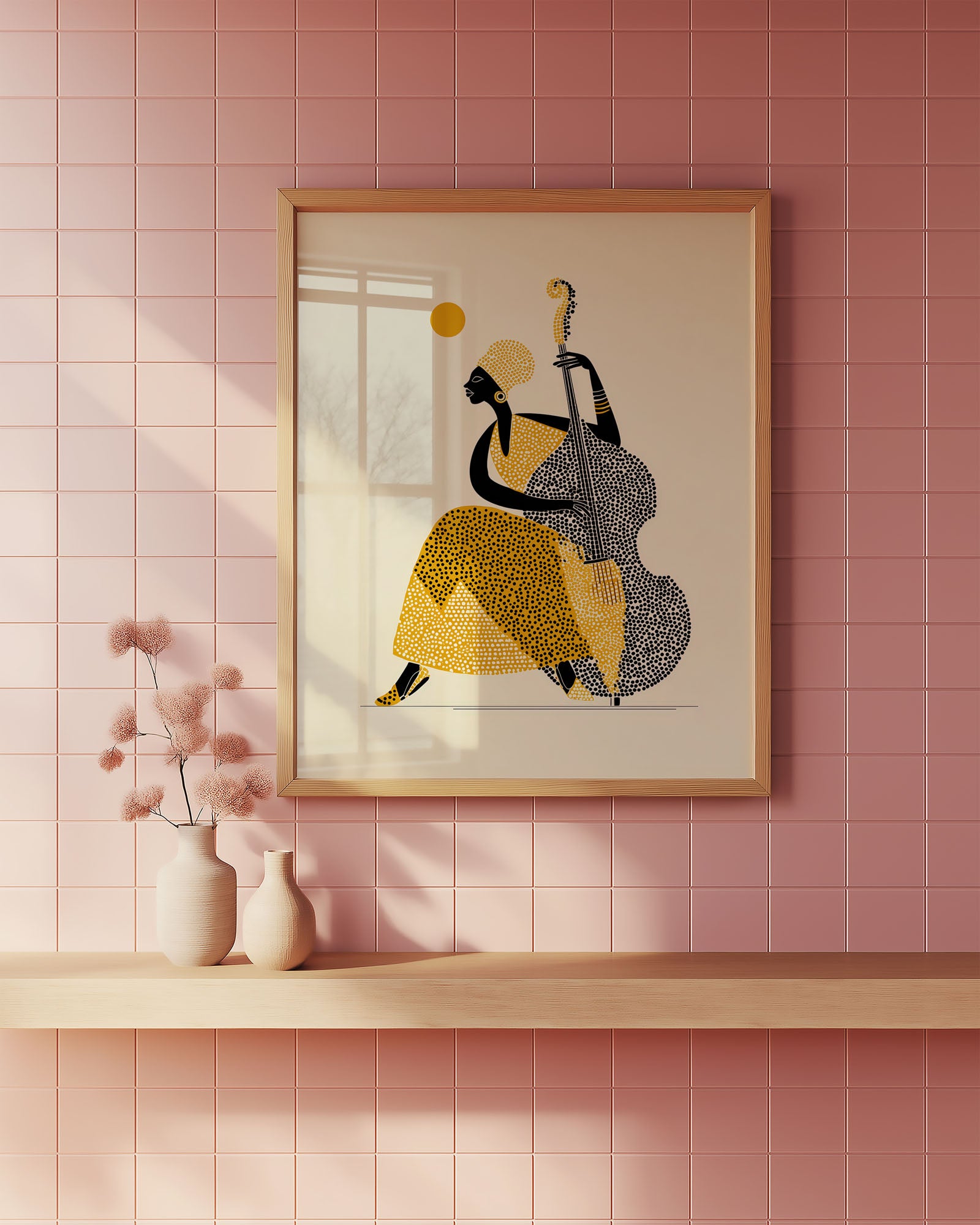 Framed abstract art print of a person playing a double bass on a pink tiled wall.
