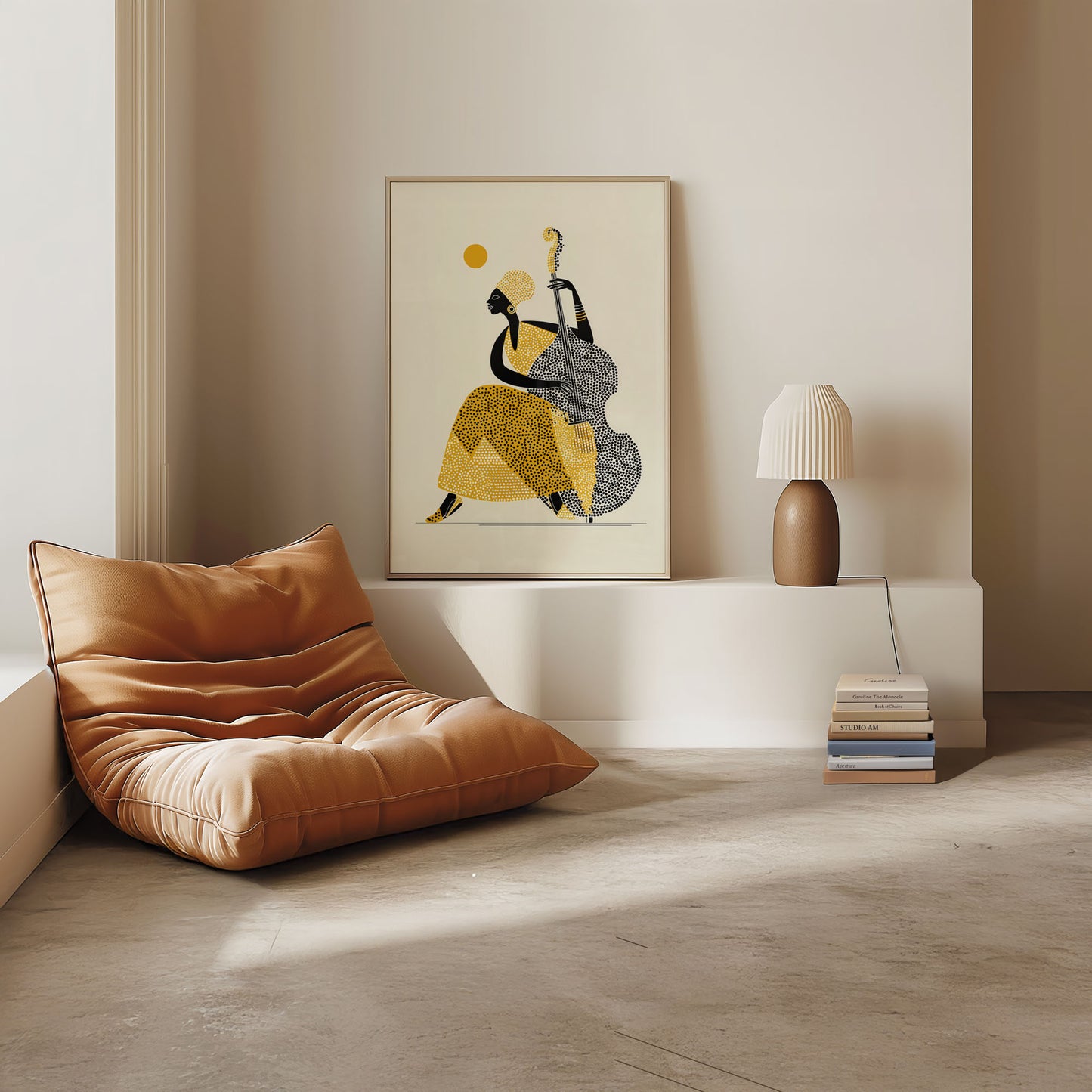 Modern living room with a brown cushion, framed artwork, and lamp.