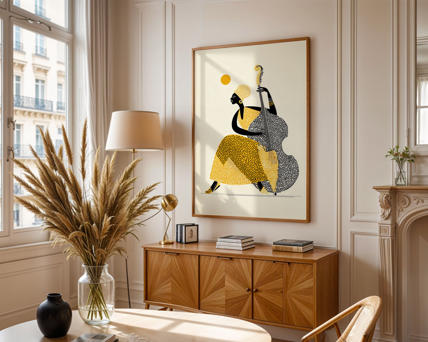 Living room with wooden cabinet, lamp, and abstract art on wall
