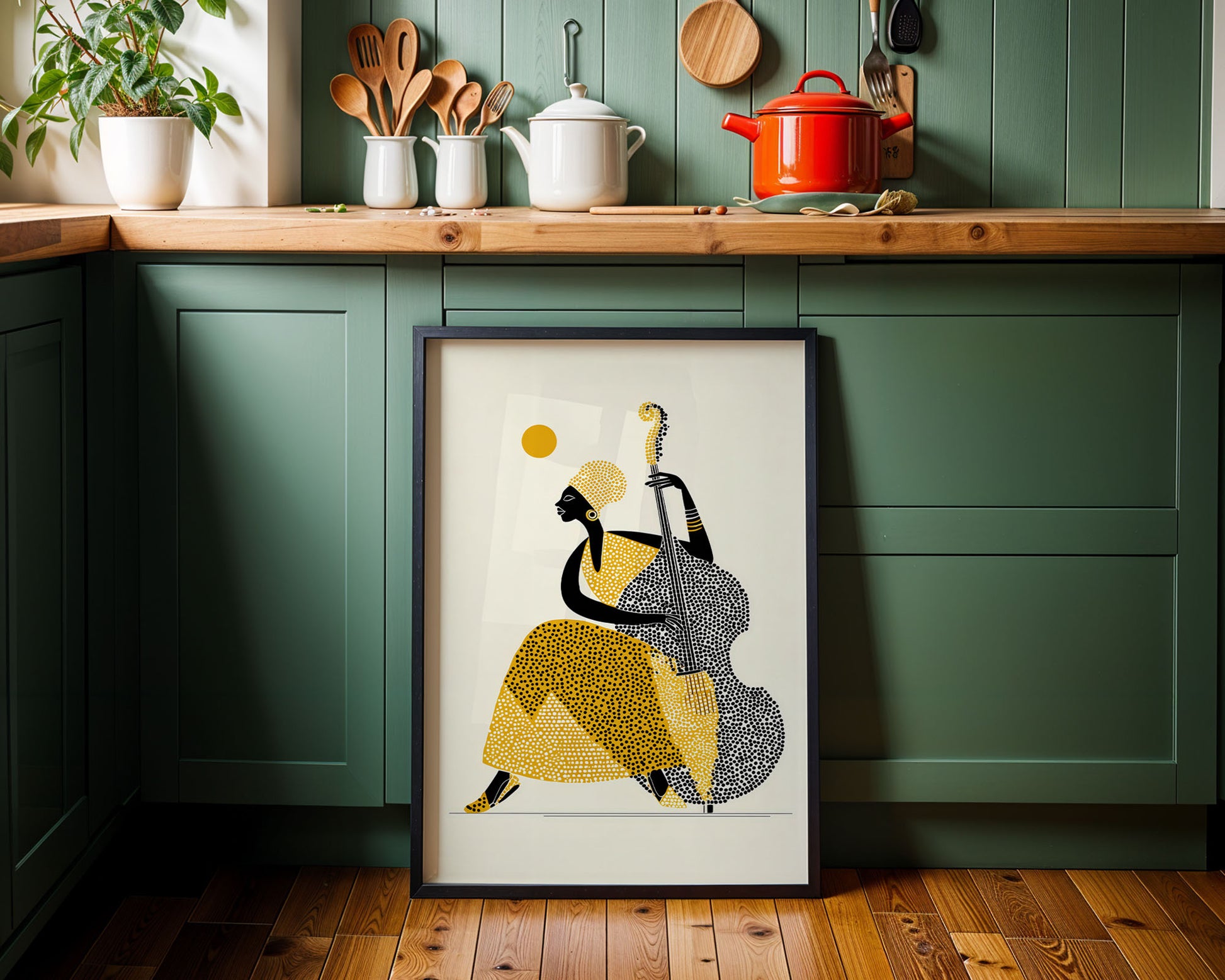 Framed abstract art of a person playing a double bass in a kitchen setting.