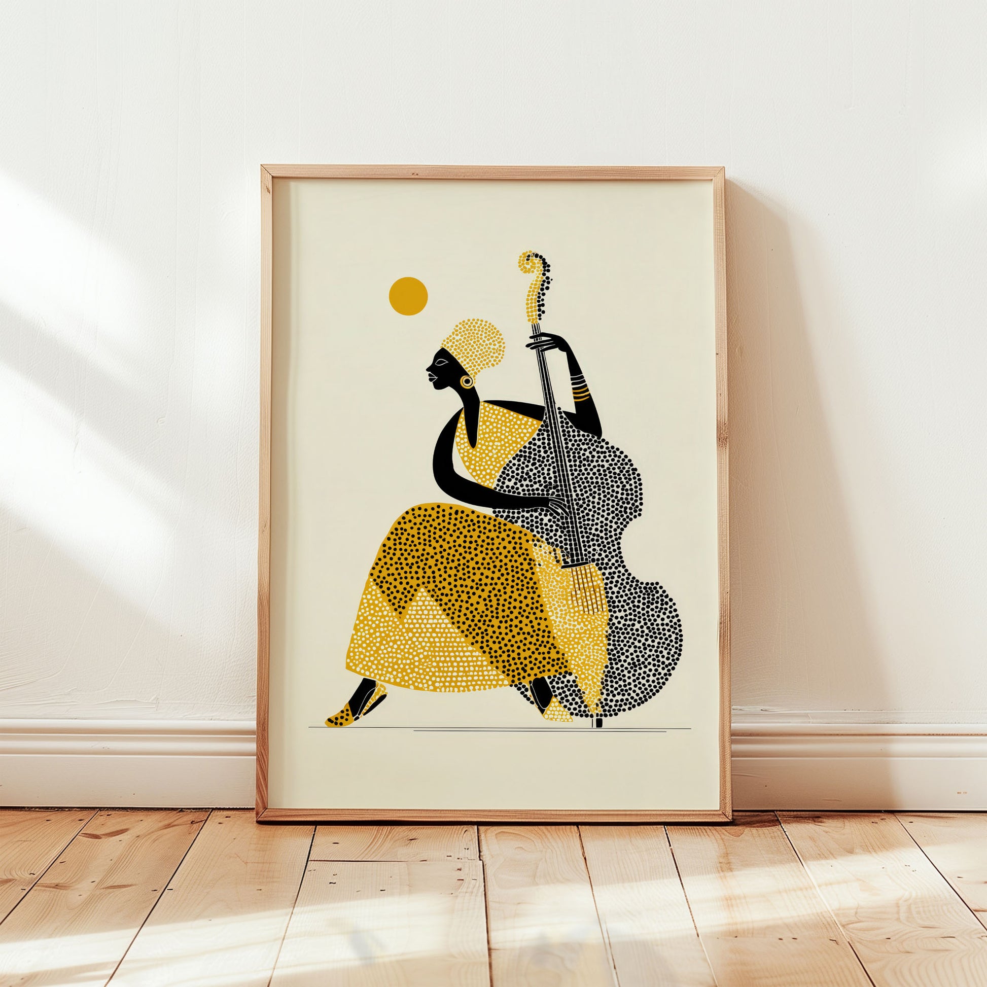 Alice Coltrane jazz poster featuring modern African inspired illustration of upright bass player in mustard yellow tones
