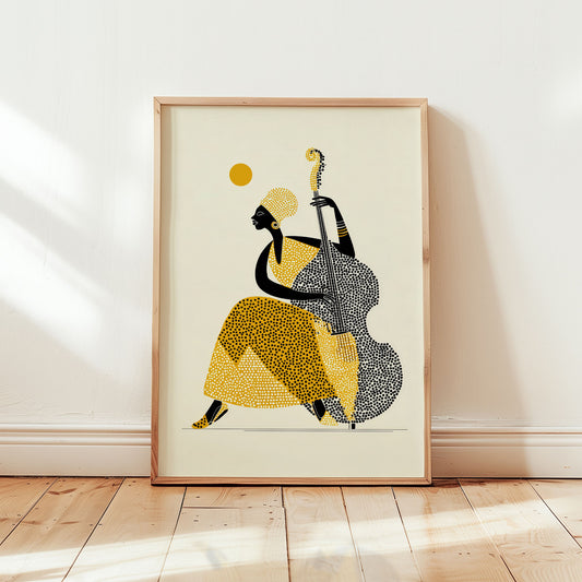 Alice Coltrane jazz poster featuring modern African inspired illustration of upright bass player in mustard yellow tones
