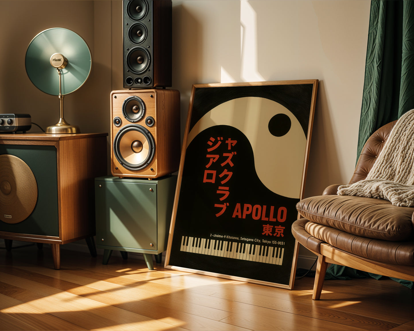 Room interior with speakers, a lamp, and a poster of Apollo on a wall.
