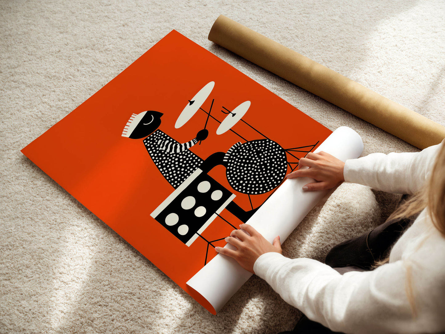 Person unrolling a Jazz poster with a design of a person playing a guitar on an orange background.