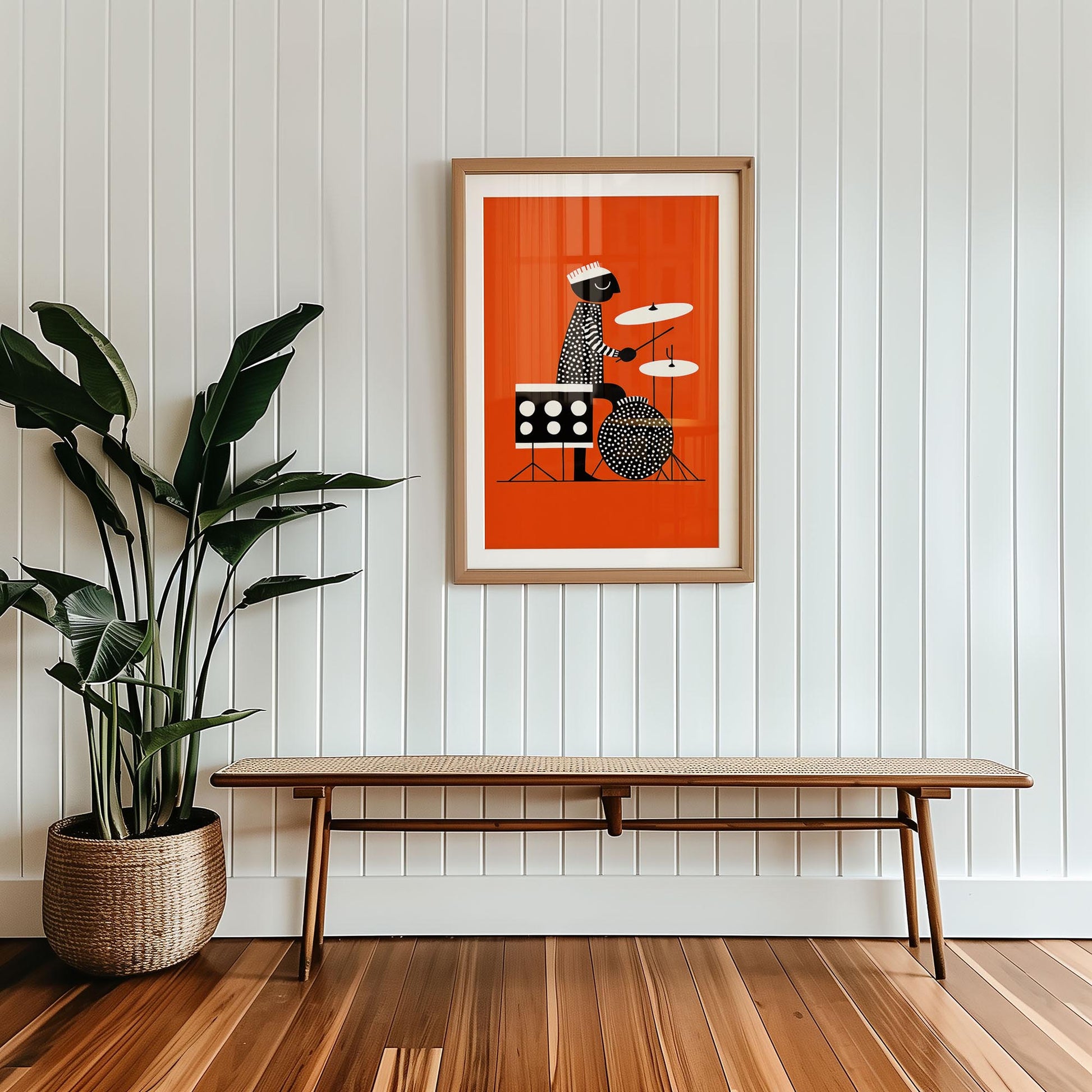 Framed mid-century style wall art print styled against minimalist interior wall