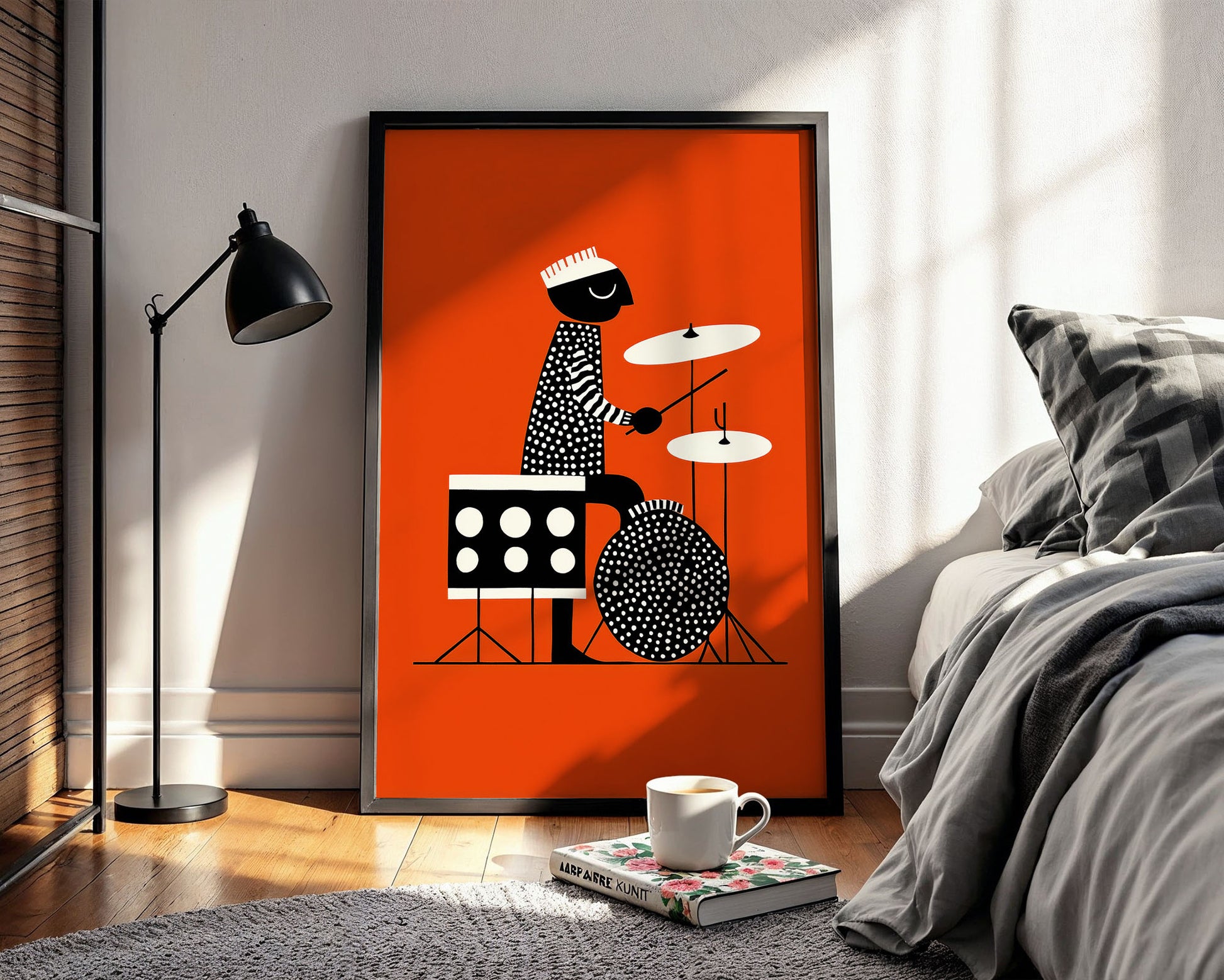Colourful mid-century style poster adding bold accent to modern home interior