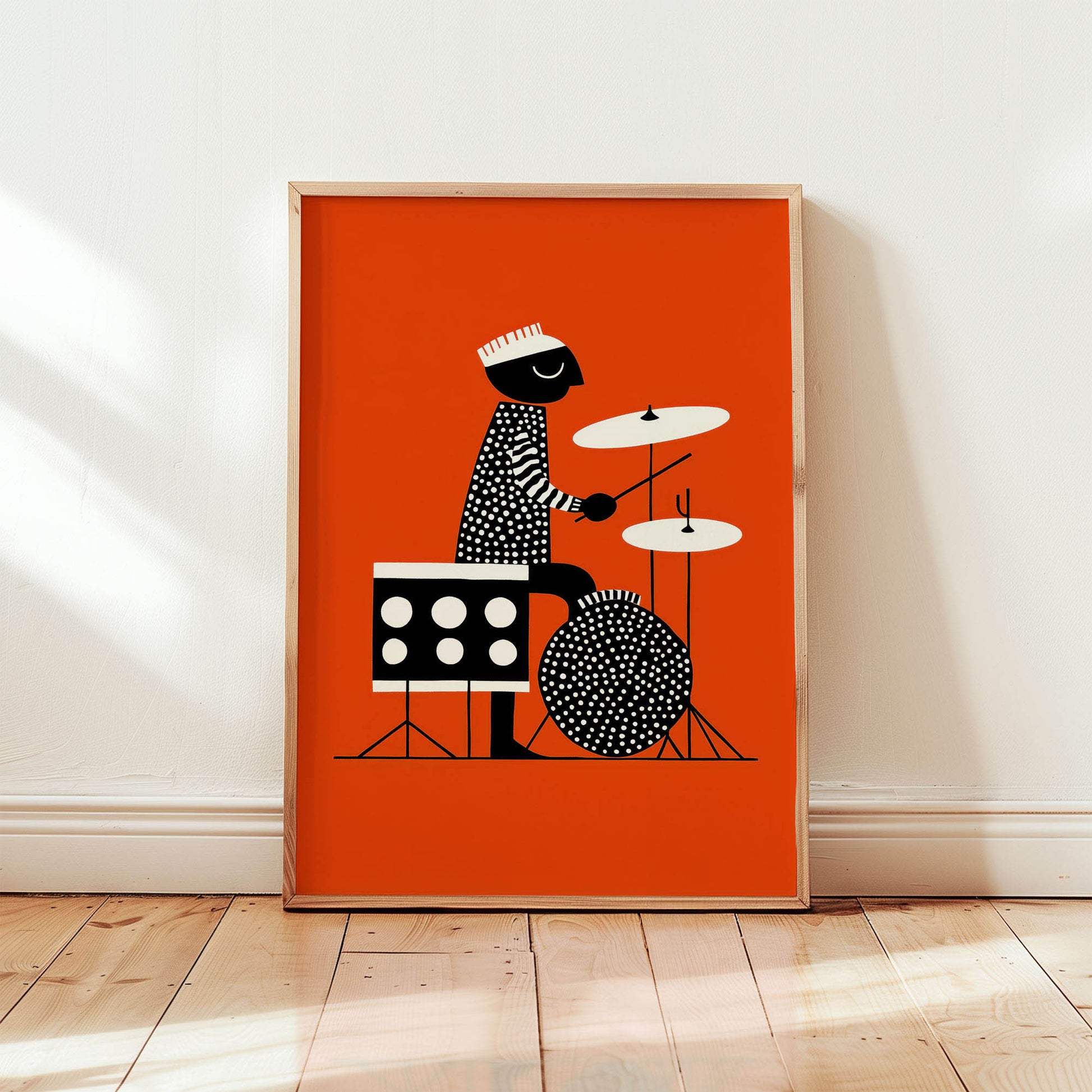 Art Blakey jazz drummer wall art print in mid-century modern style with bold orange background from Wallgarde
