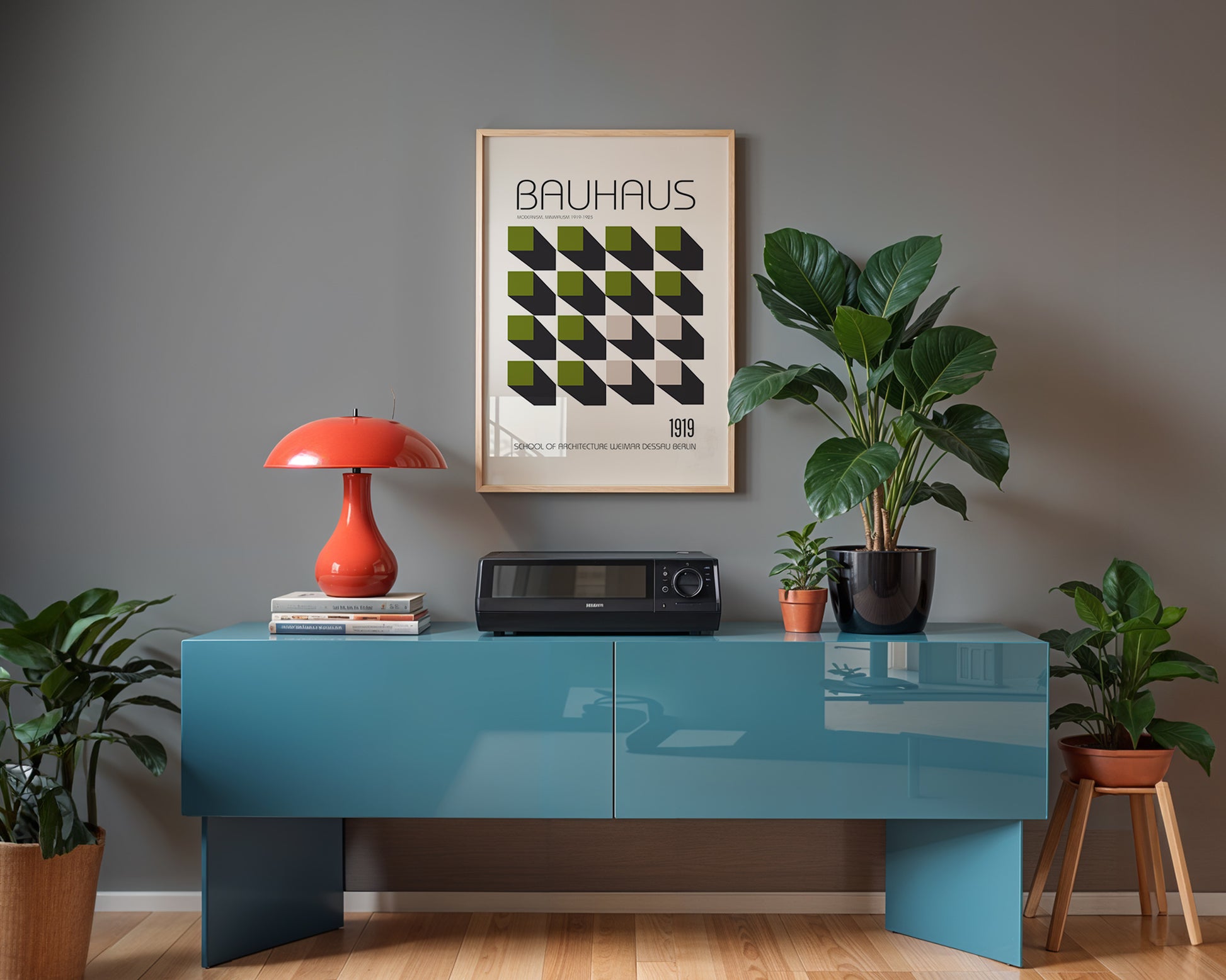 Bauhaus modern art print with green geometric pattern displayed in contemporary Scandinavian-style living space.