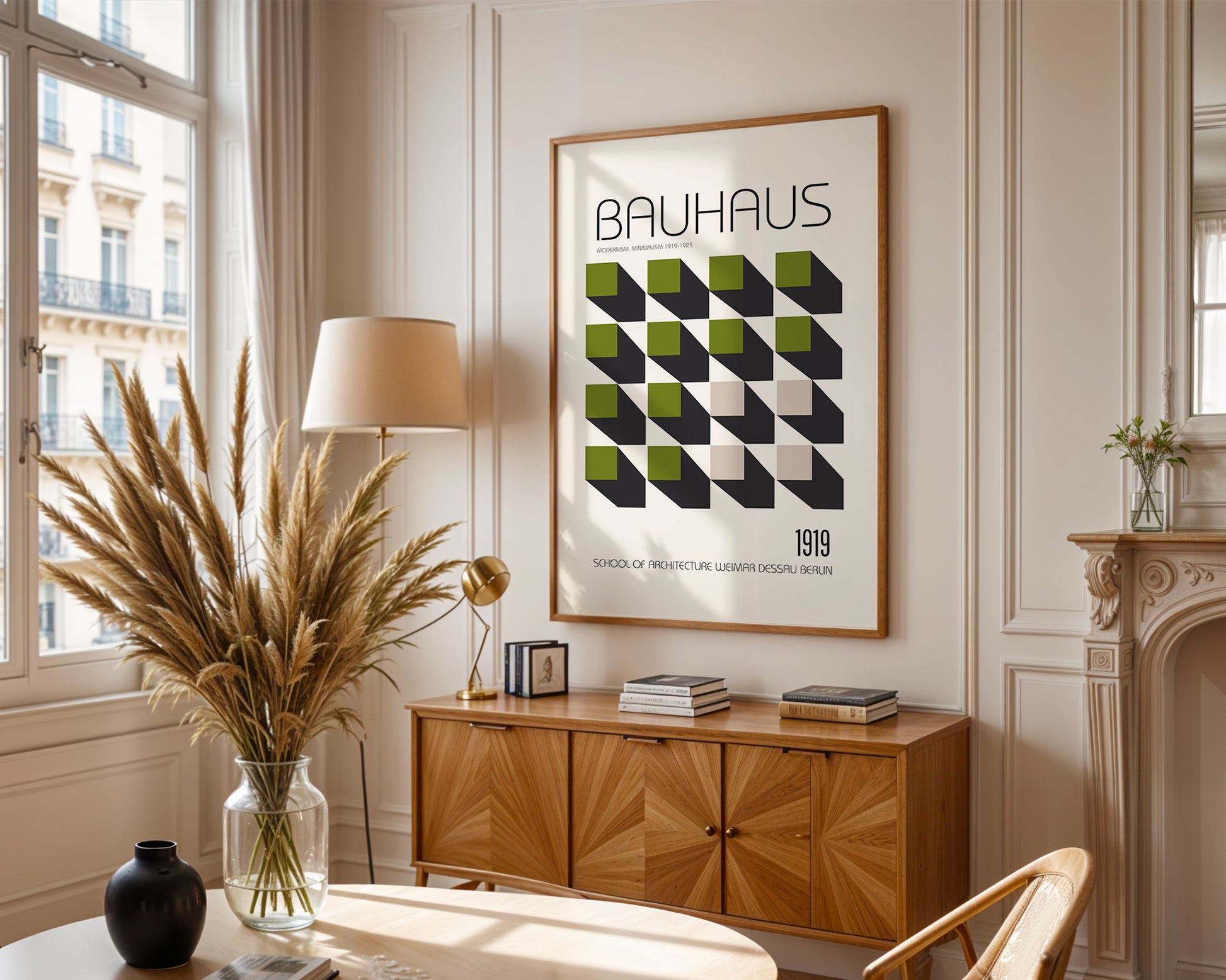 Modern interior with a 'Bauhaus' poster on the wall, wooden cabinet, and decorative items.