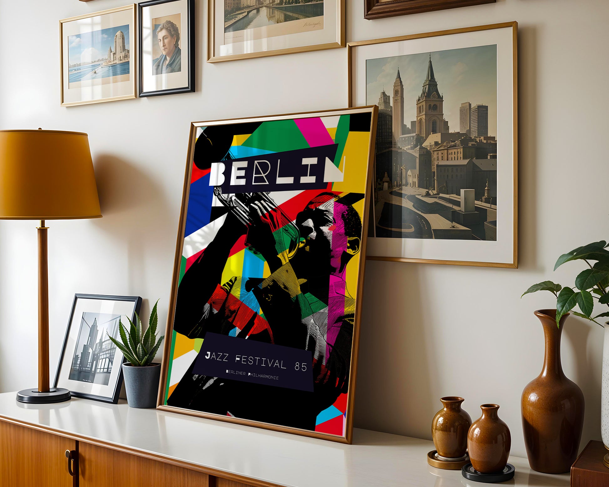 Framed mid-century style poster of a jazz festival in Berlin on a wall with other decorative items.