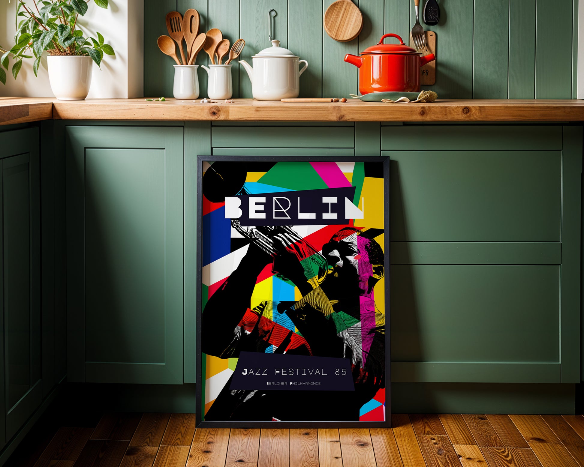 Colorful 'Berlin' poster on a mid-century style kitchen wall with green cabinets and wooden countertop.