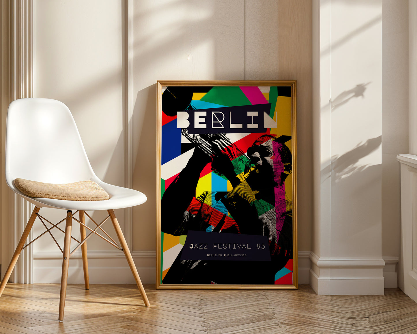 Colorful 'Berlin Jazz Festival 85' poster on a wall next to a white chair.