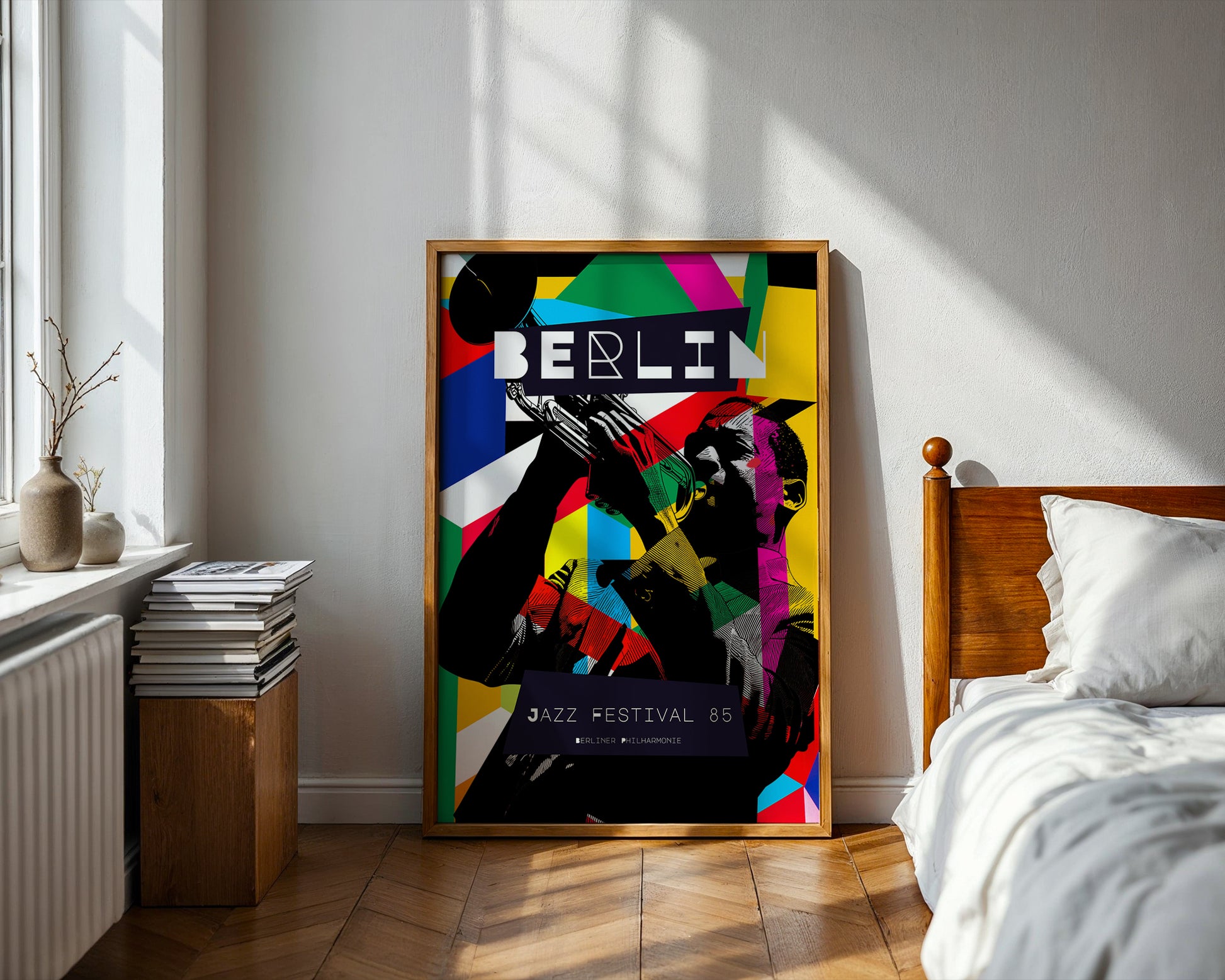 Colorful 'Berlin Jazz Festival' poster in a modern bedroom setting.