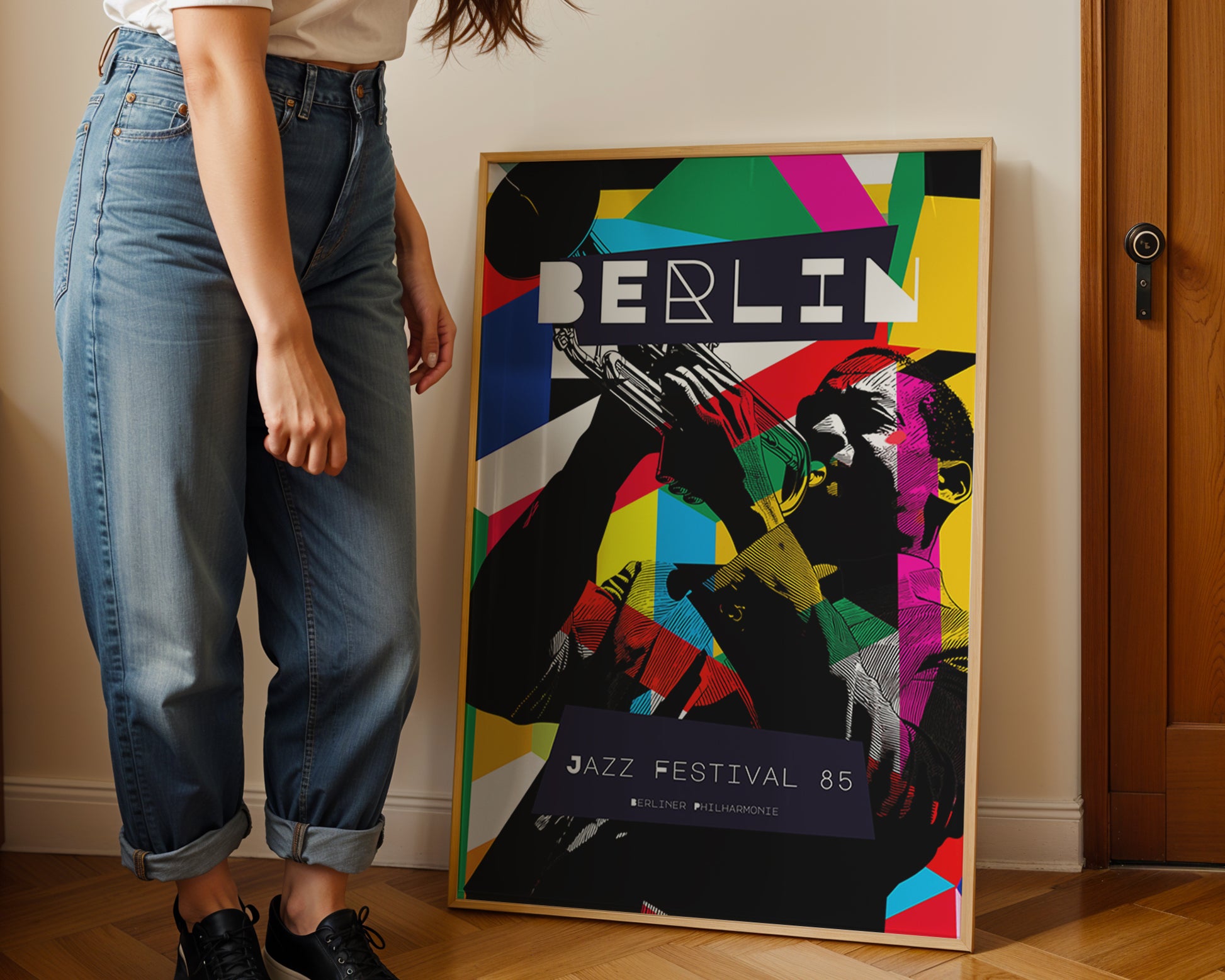 Person standing next to a colorful 'BERLIN JAZZ FESTIVAL 85' poster on a mid-century style wooden floor.