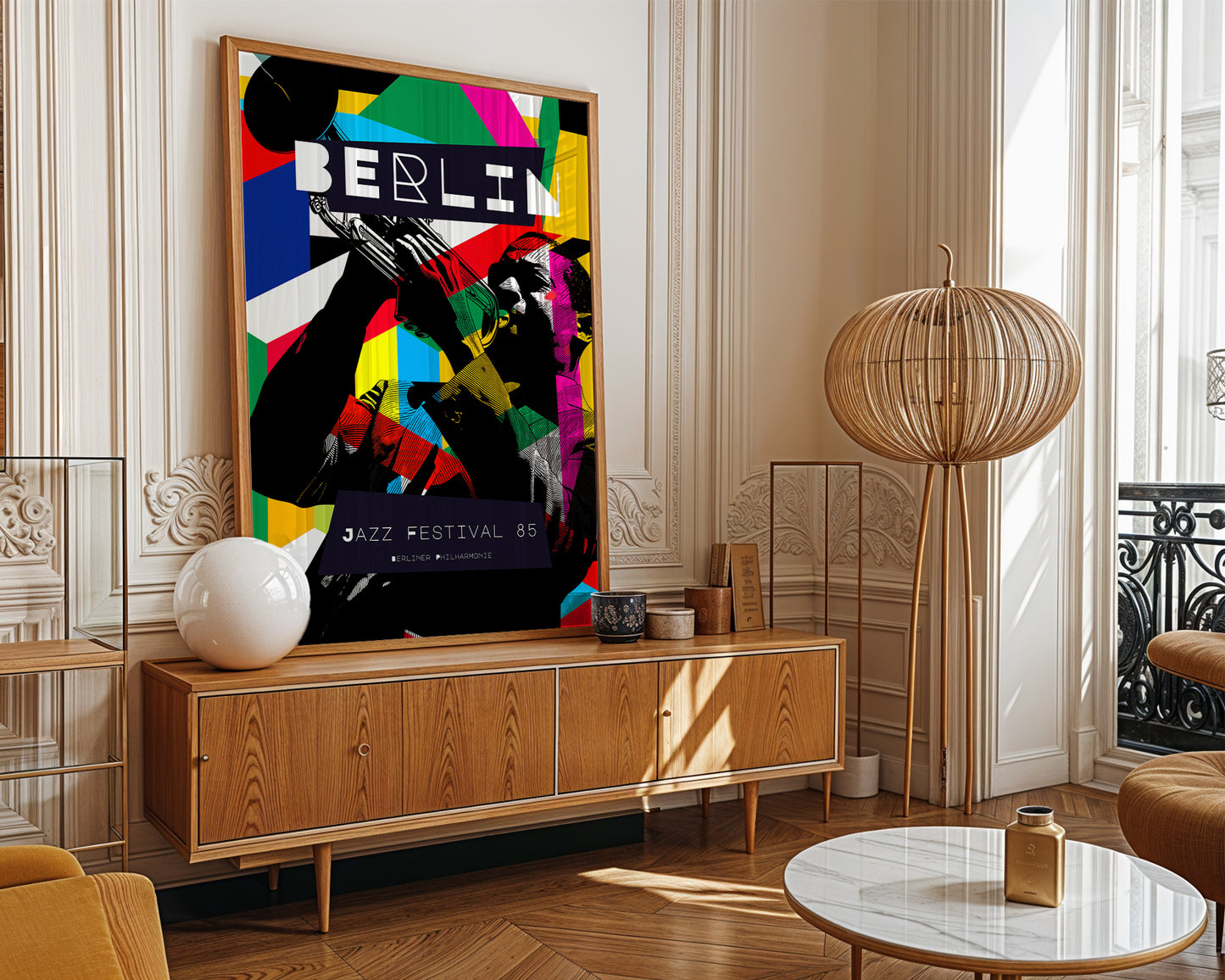 Modern living room with a colorful 'Berlin' artwork on a wooden sideboard.