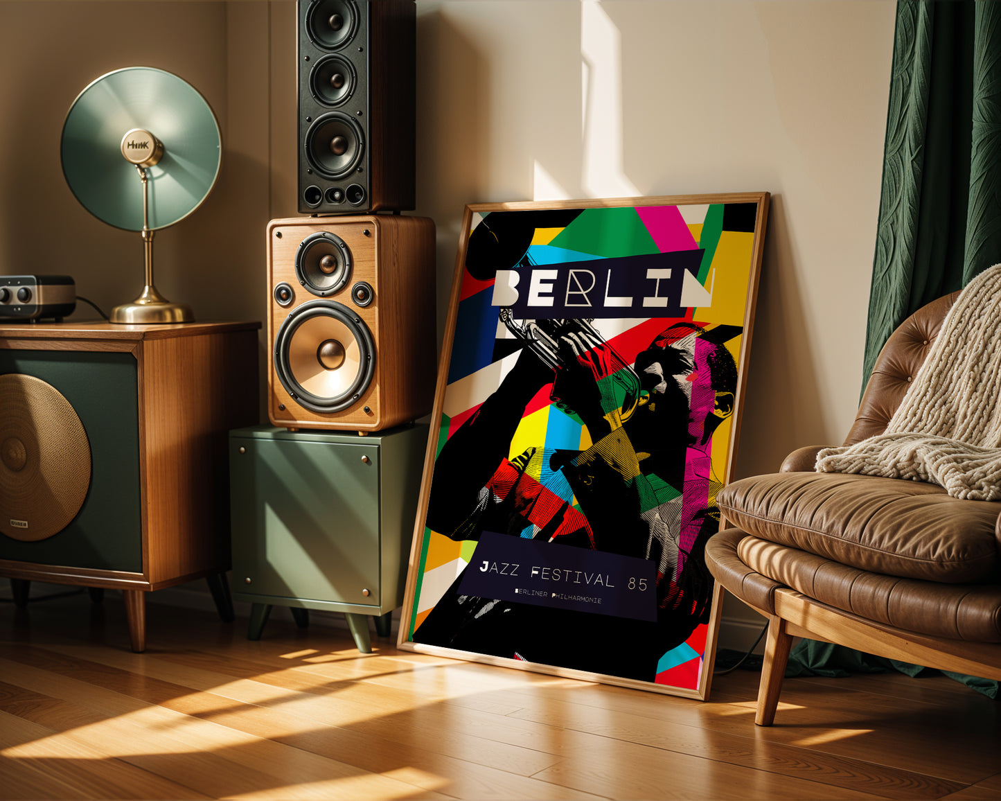 Colorful Berlin jazz festival poster leaning against a wall in a room with speakers and a couch.
