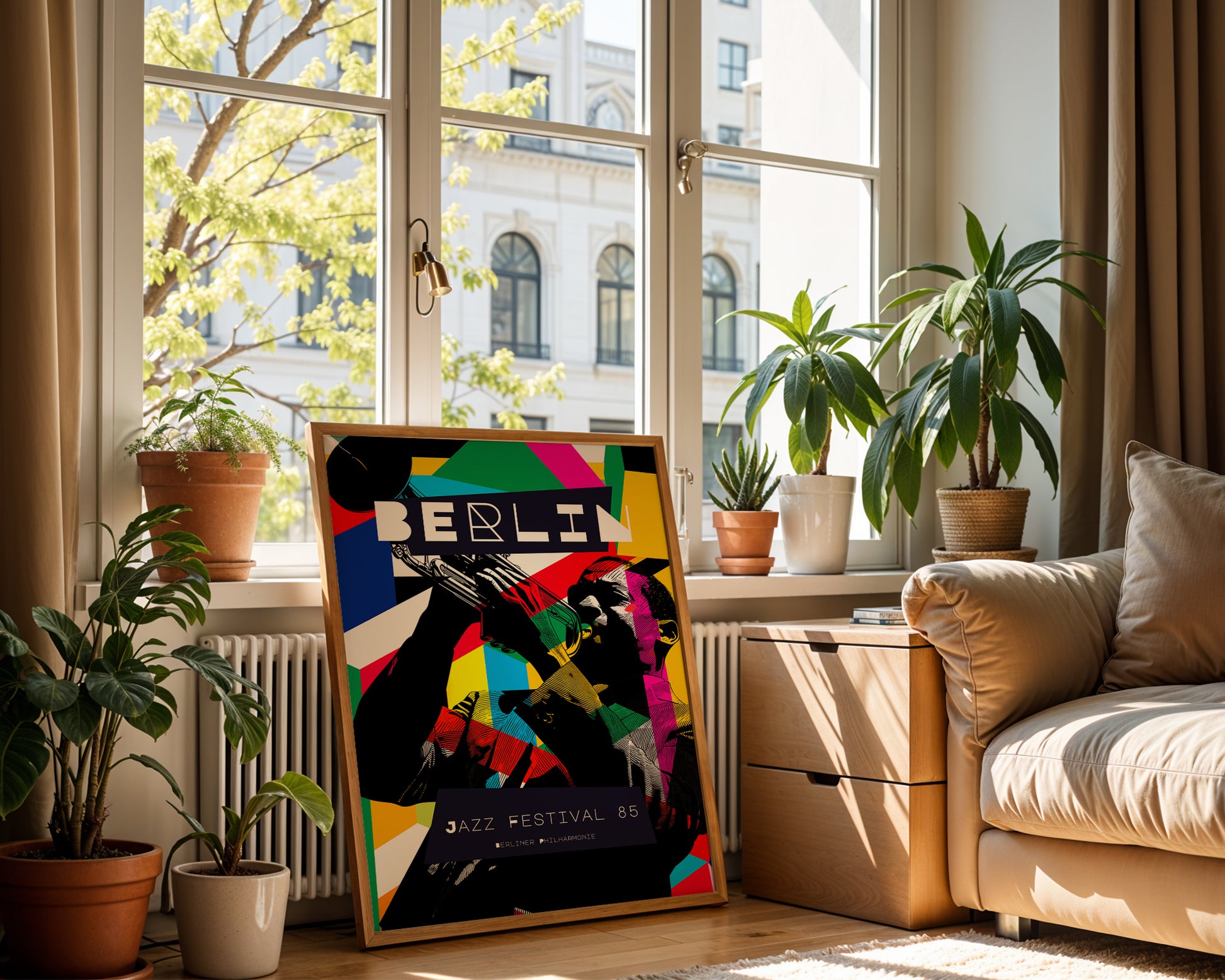 Colorful mid-century style 'Berlin' poster on a stand in a bright living room with plants and a sofa.