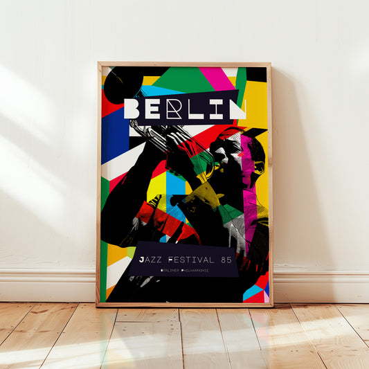 Berlin Jazz Festival 85 mid-century modern wall art poster featuring abstract trumpet player design in bold geometric colours from Wallgarde