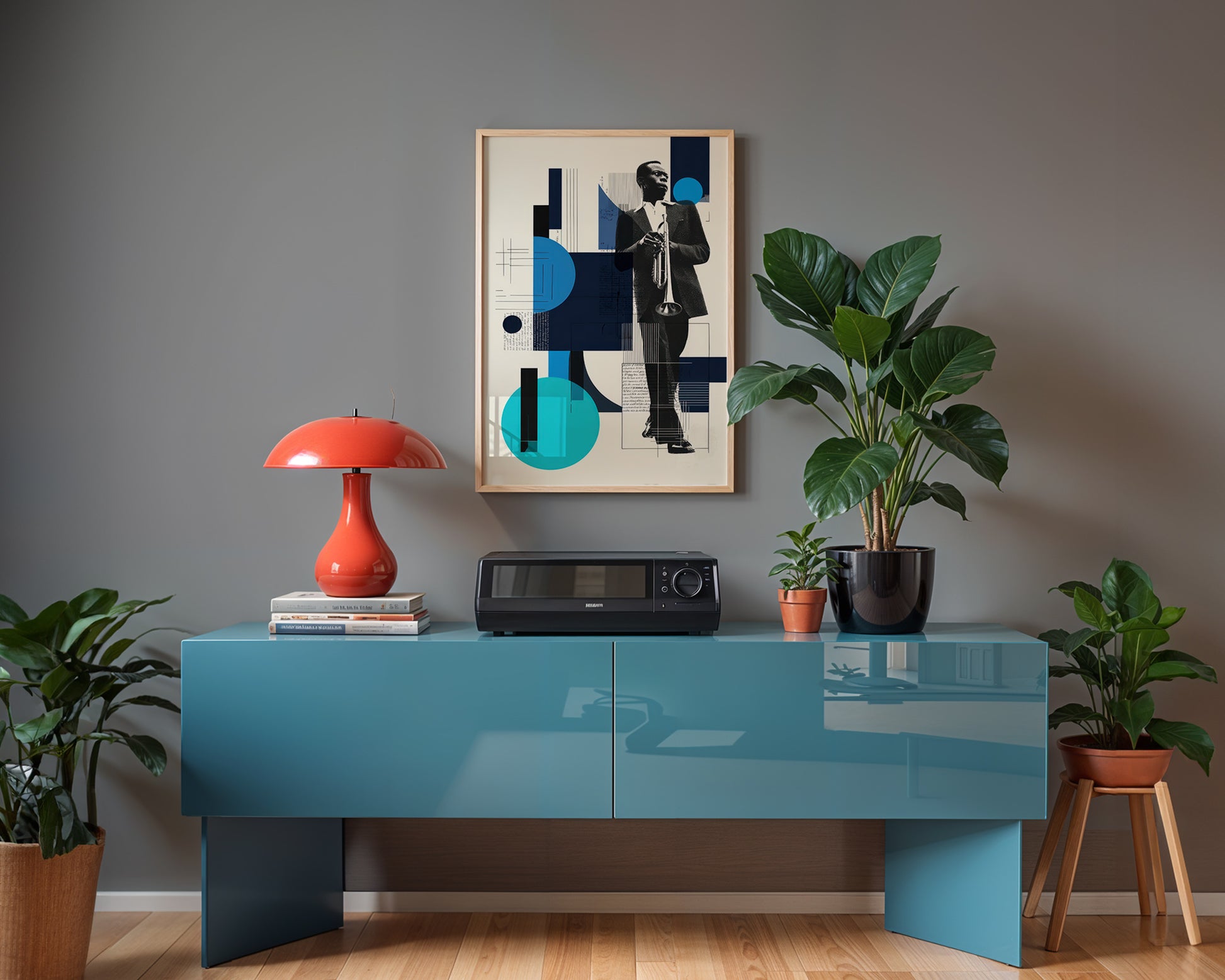 Abstract modern jazz musician poster featuring trumpet player silhouette