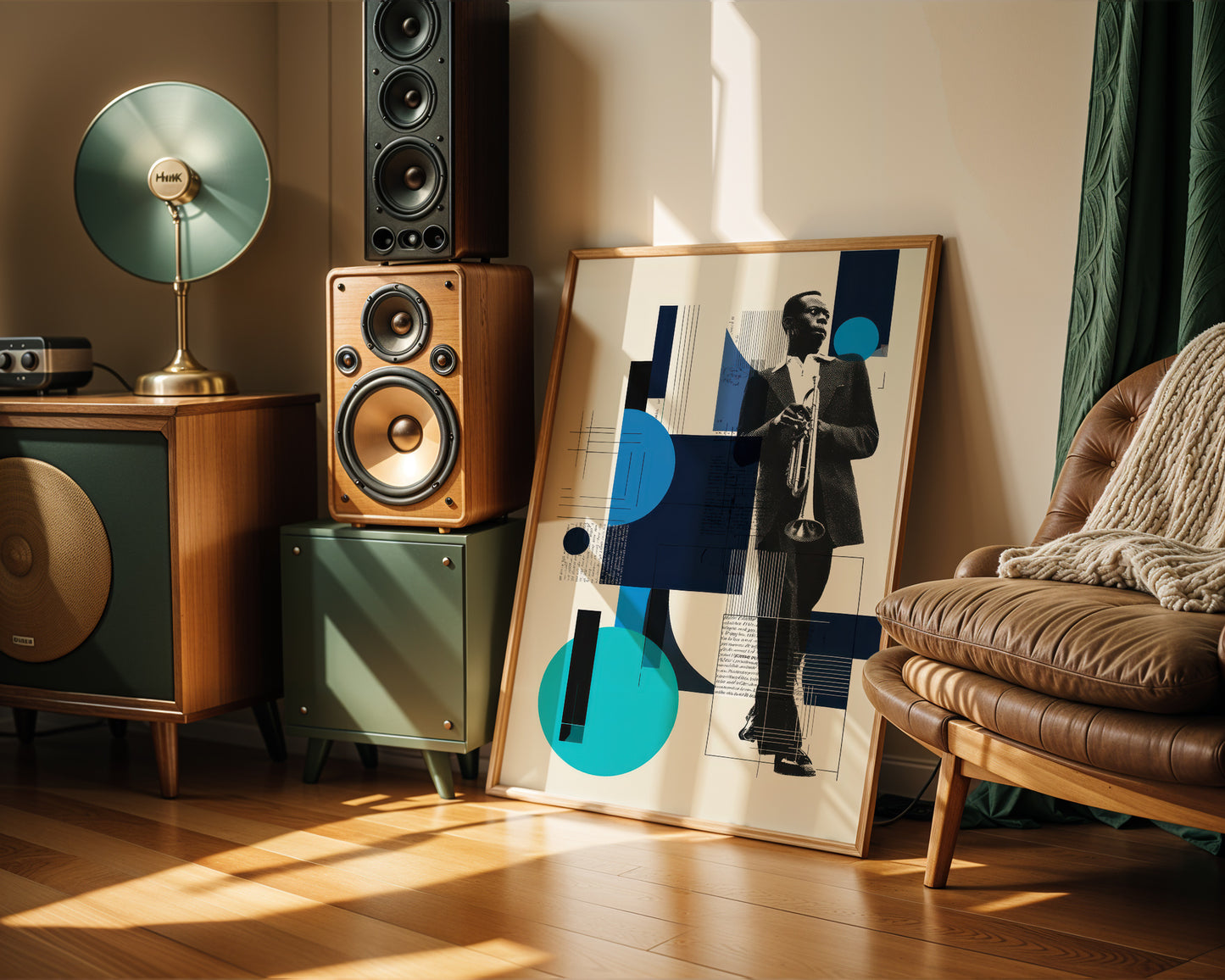 Modern jazz trumpet player poster with geometric mid century design in a cool music studio with record player and speakers. 