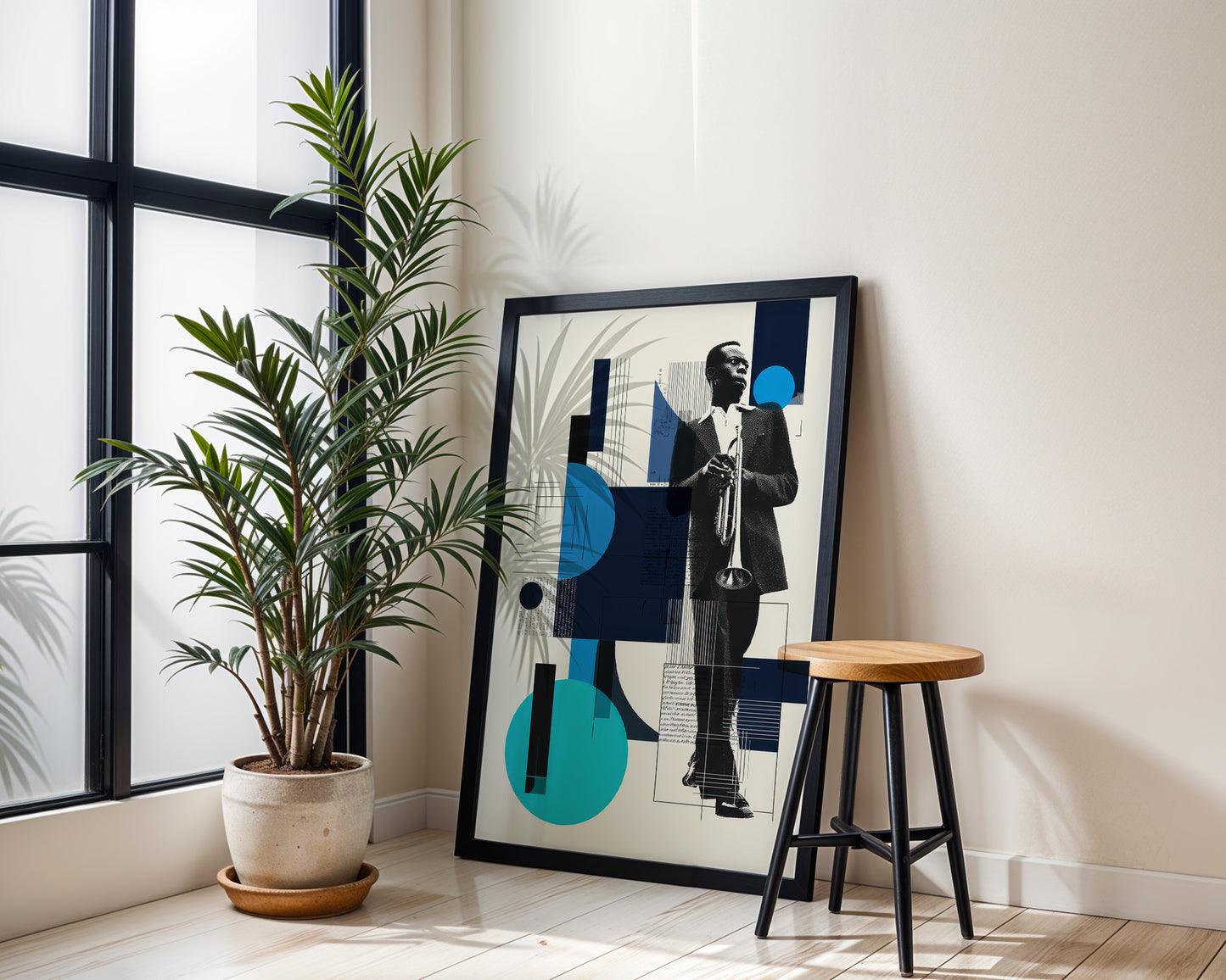Minimalist interior with green houseplants and a large maximalist music poster