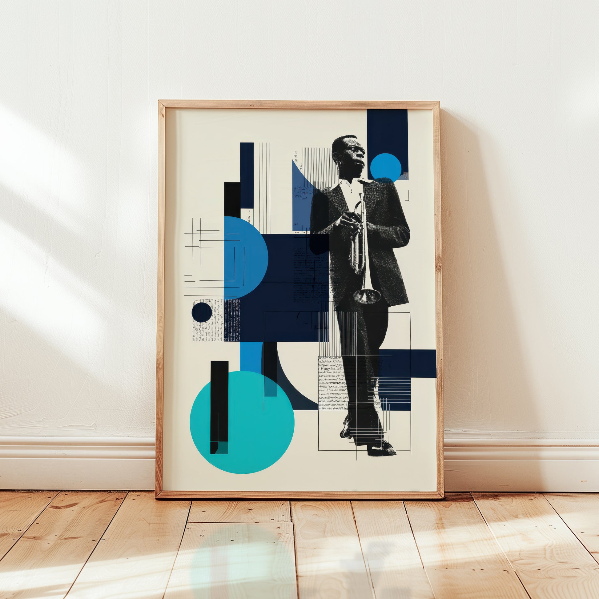 Framed jazz trumpet collage art print in wooden frame, navy teal and cream geometric poster with musician silhouette