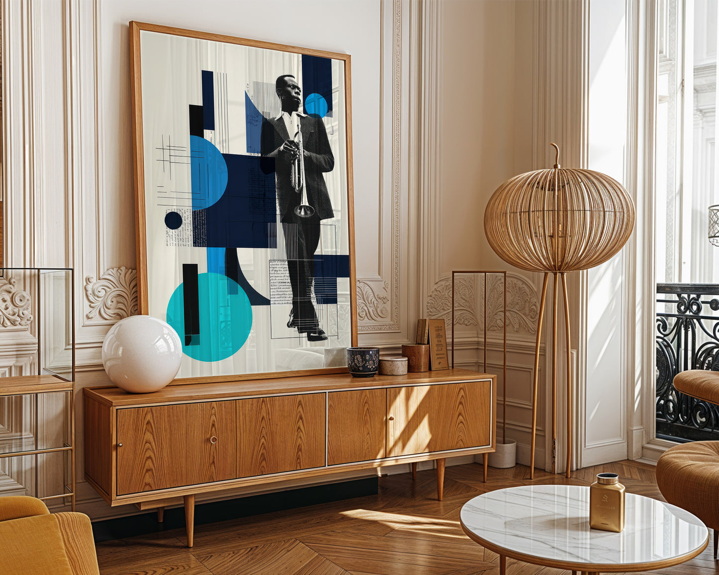 scandi style  interior in a Parisian apartment with abstract music poster on the wall 