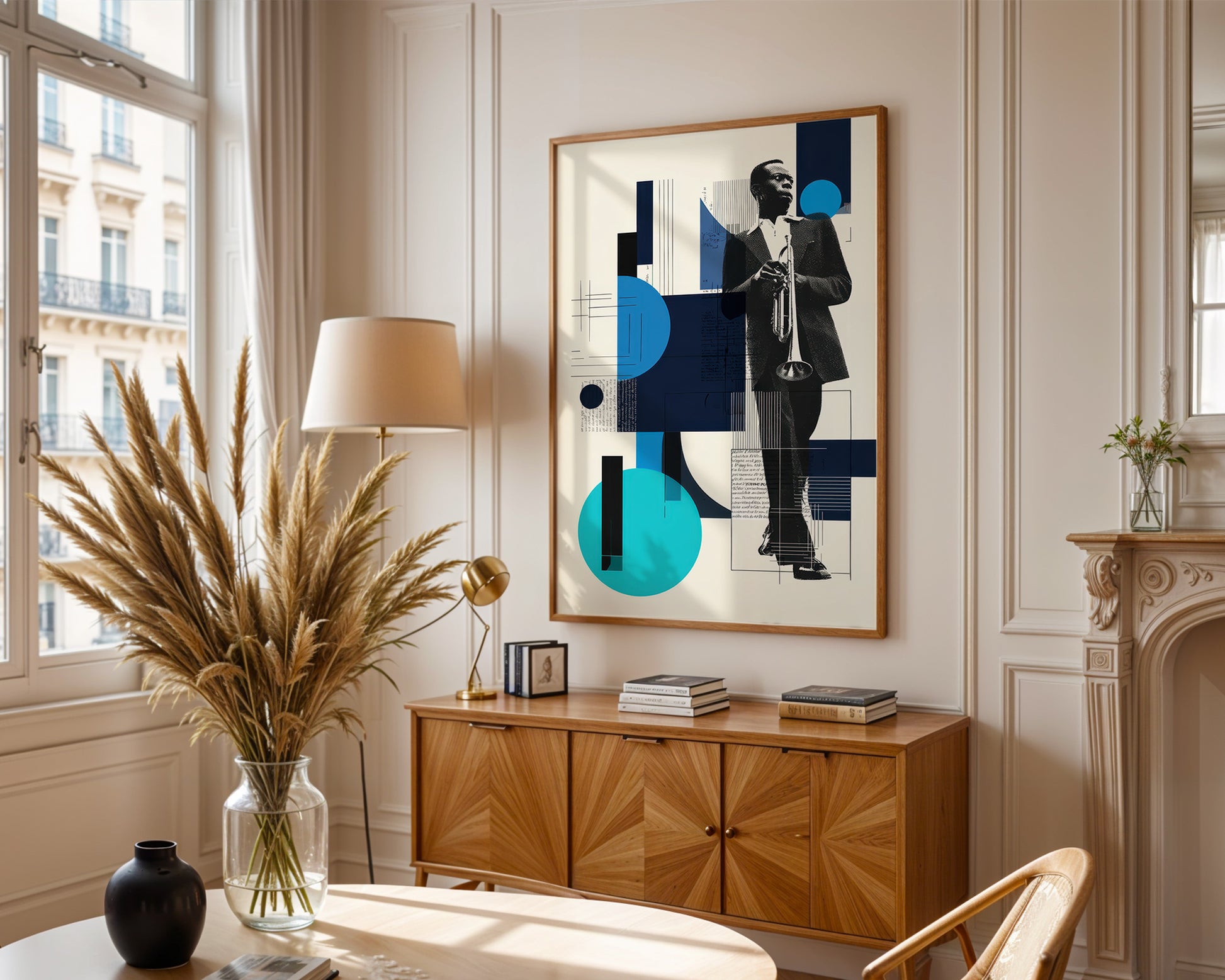 Cool mid century modern interior with a maximalist music poster on the wall. 