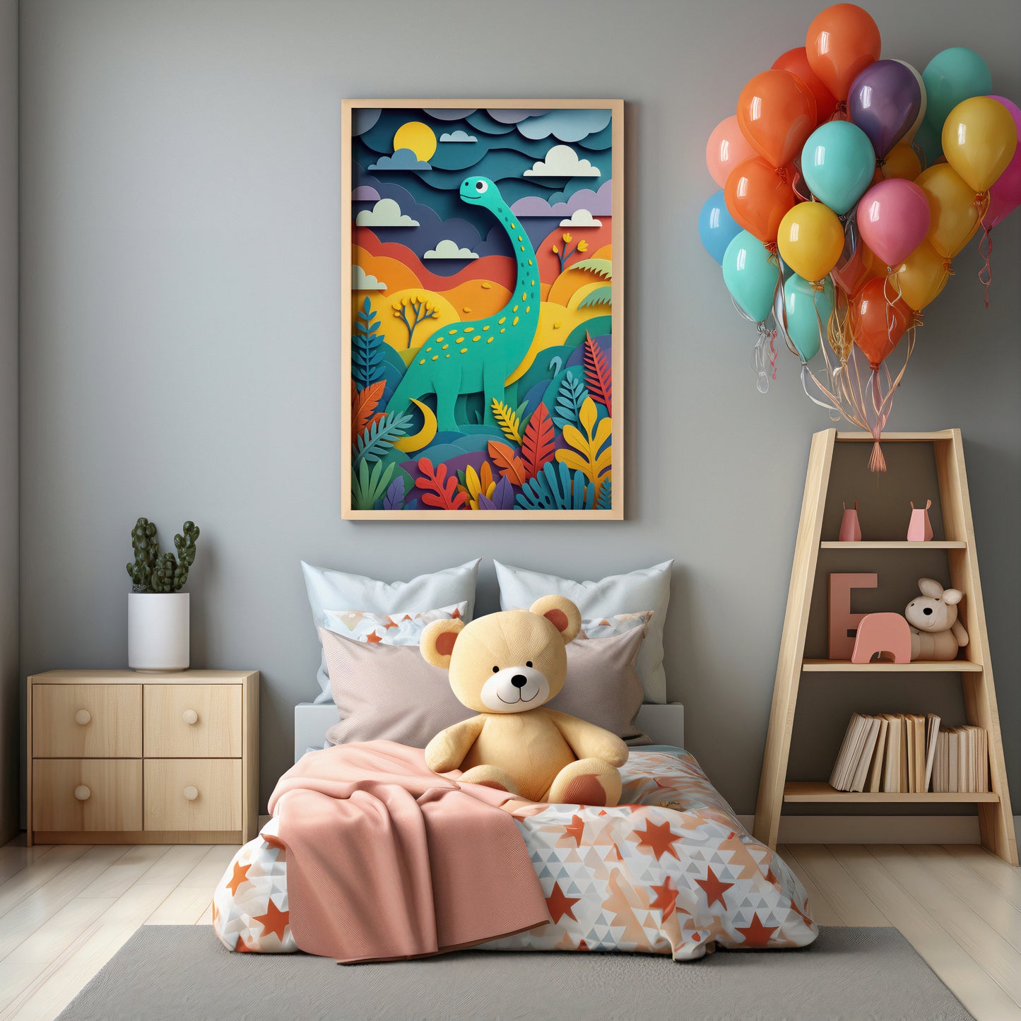 Colorful brontosaurus dinosaur nursery wall art displayed as framed poster leaning against wall in bright modern interior.