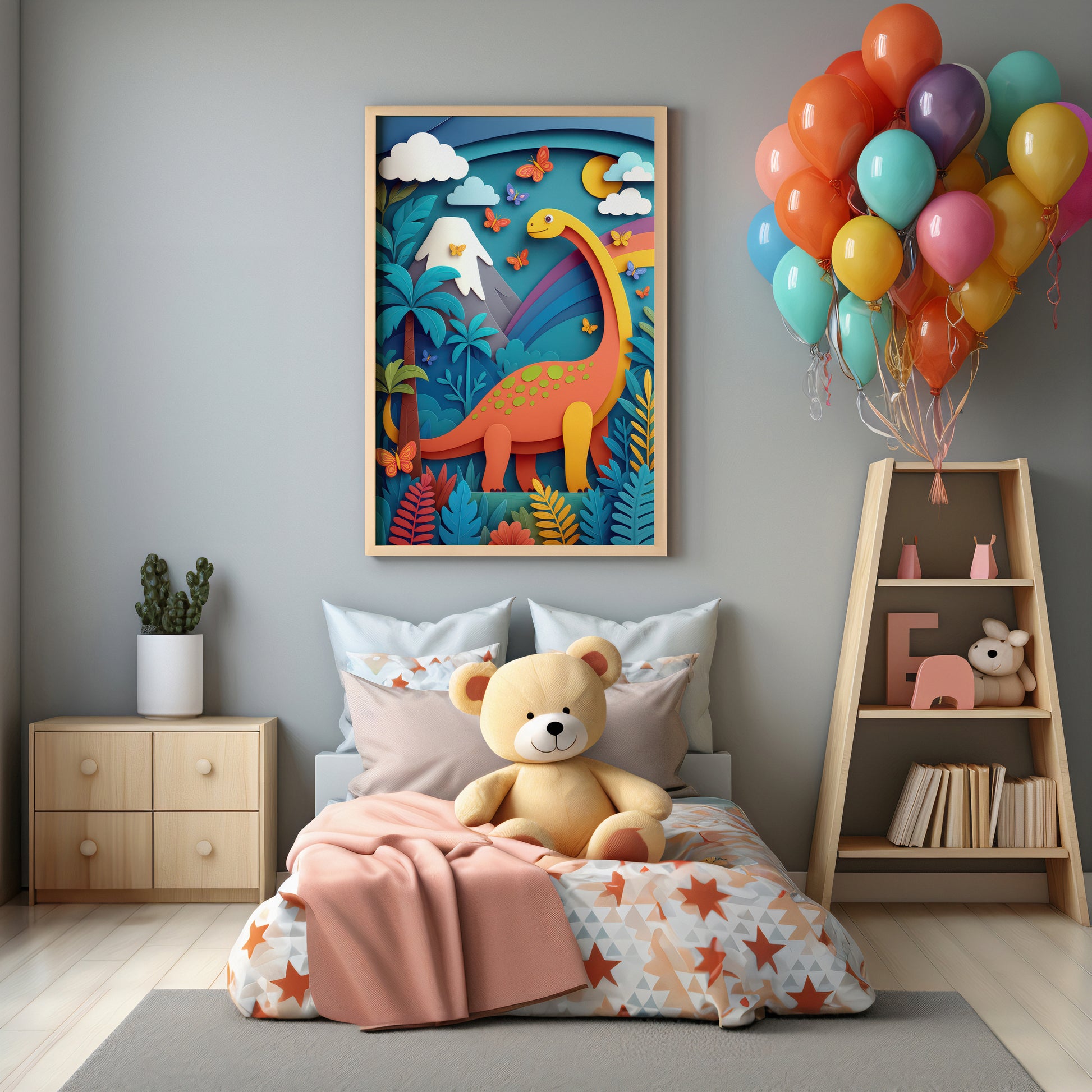Children's bedroom with a colorful dinosaur poster, teddy bear, and balloons.