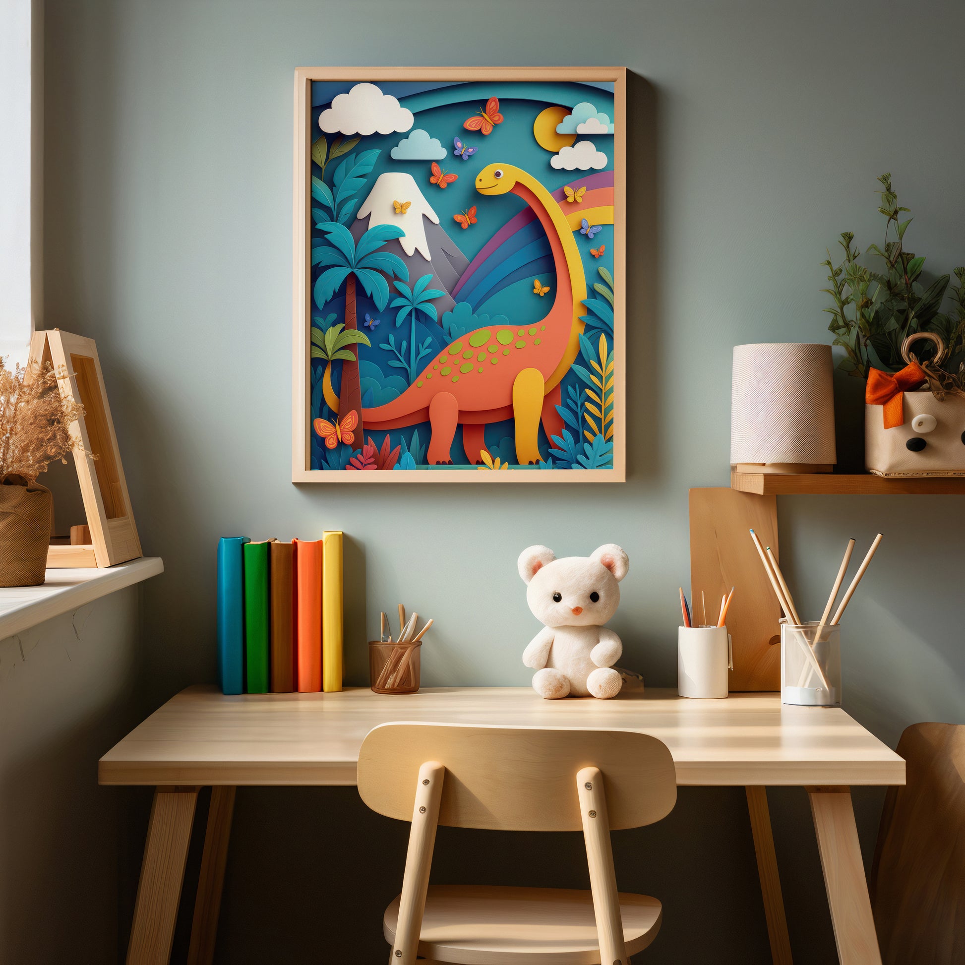 Children's desk with a colorful dinosaur artwork on the wall