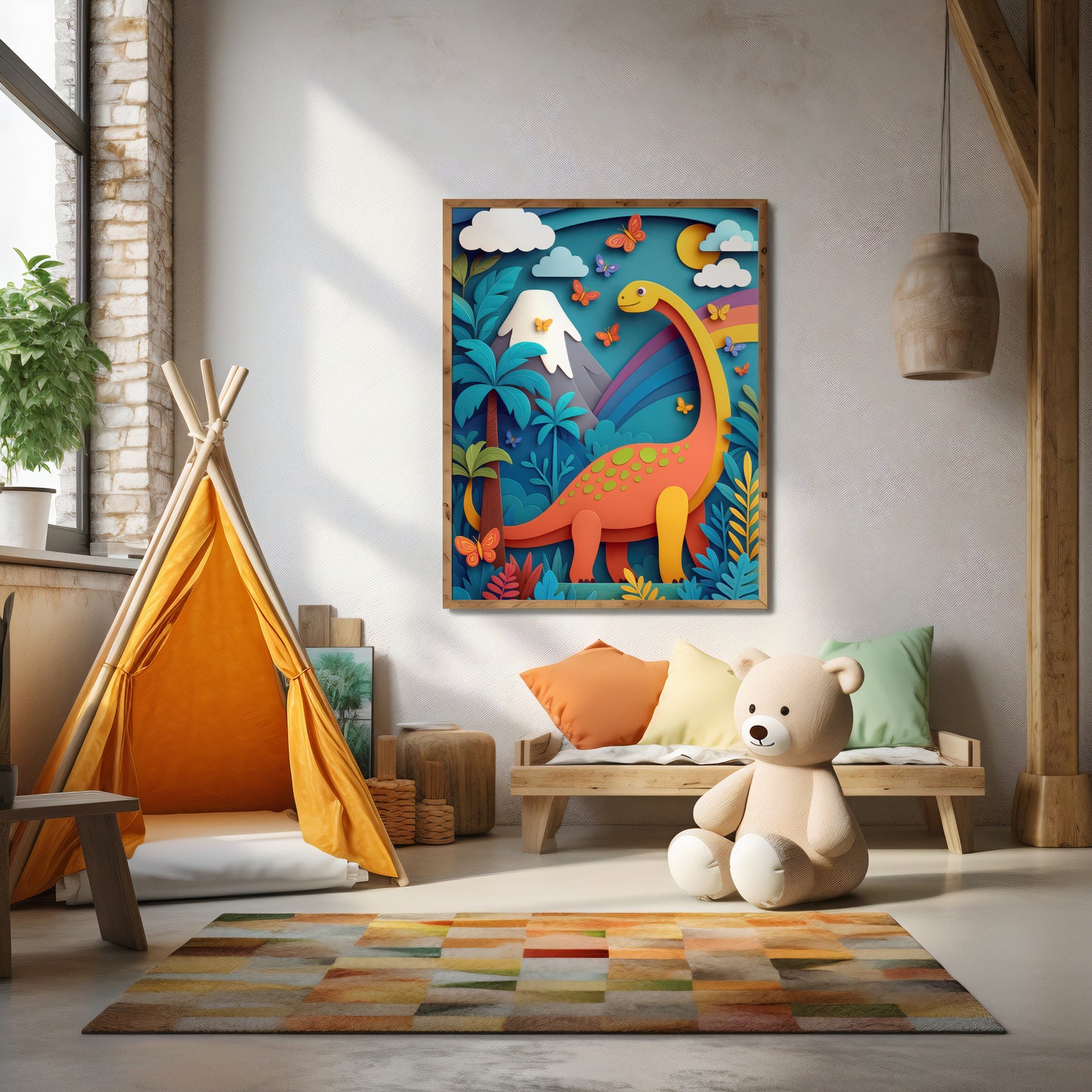 Children's room with a dinosaur painting, teddy bear, and teepee.