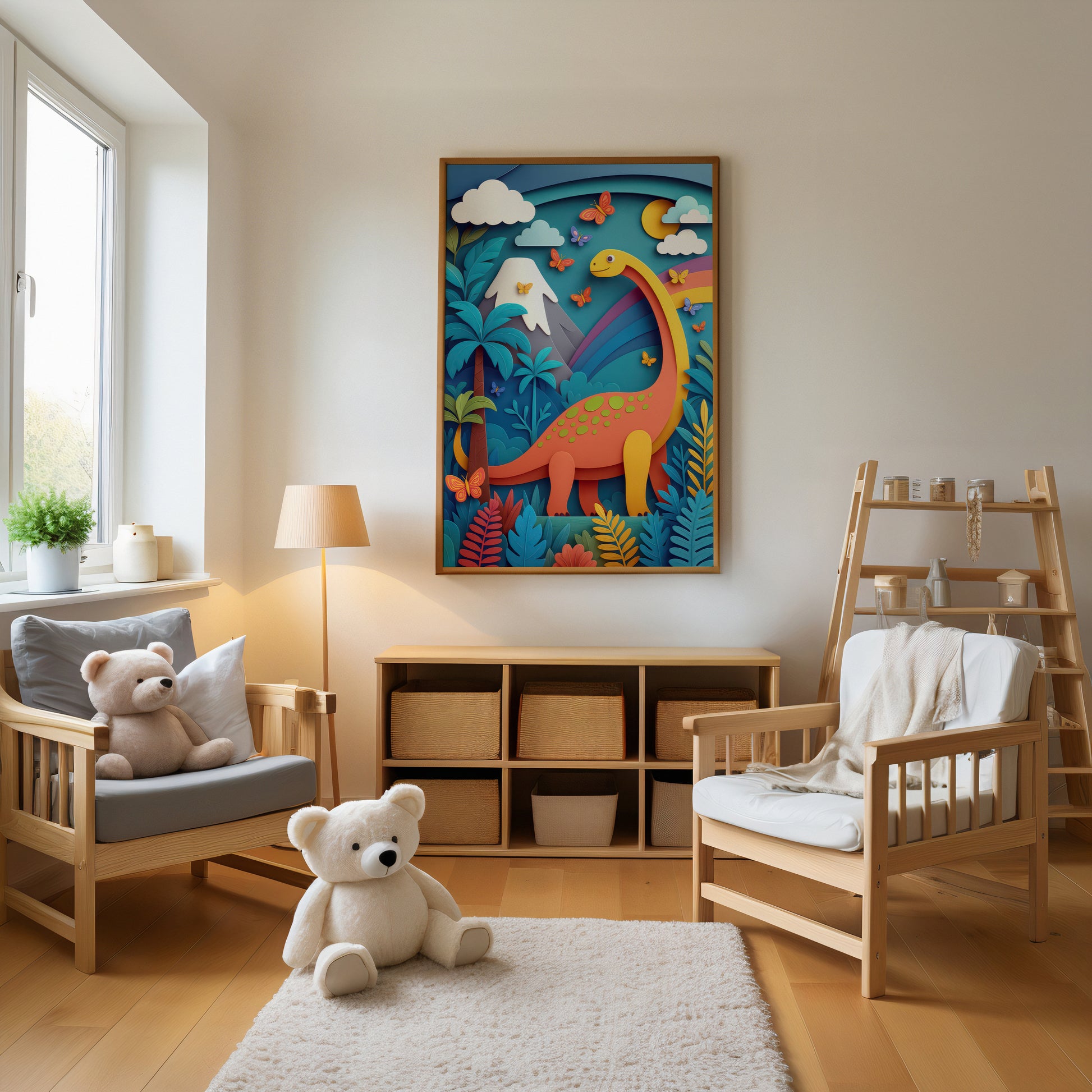 Children's room with wooden furniture, teddy bear, and dinosaur-themed wall art.