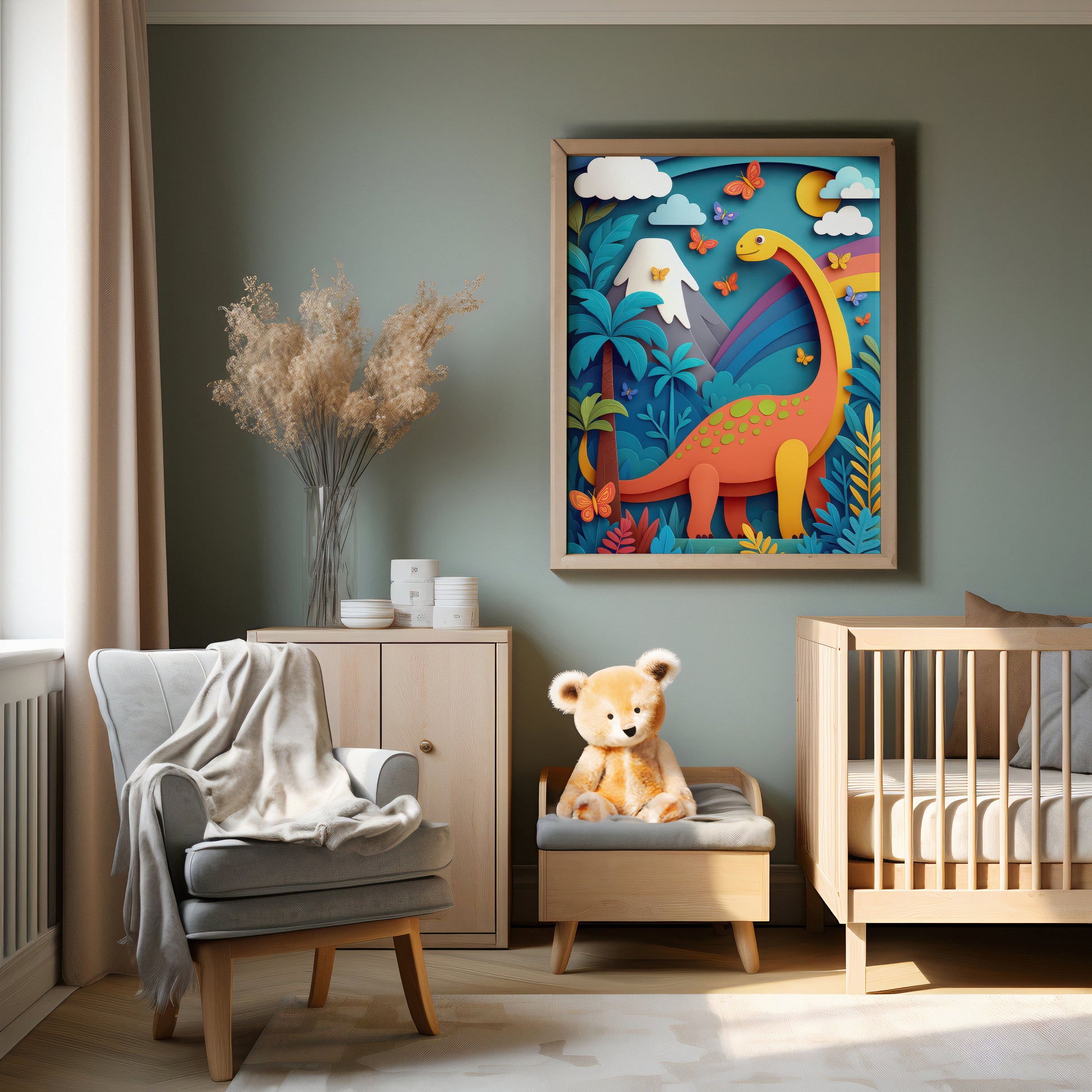 Nursery room with a colorful dinosaur artwork on the wall, teddy bear, and crib.