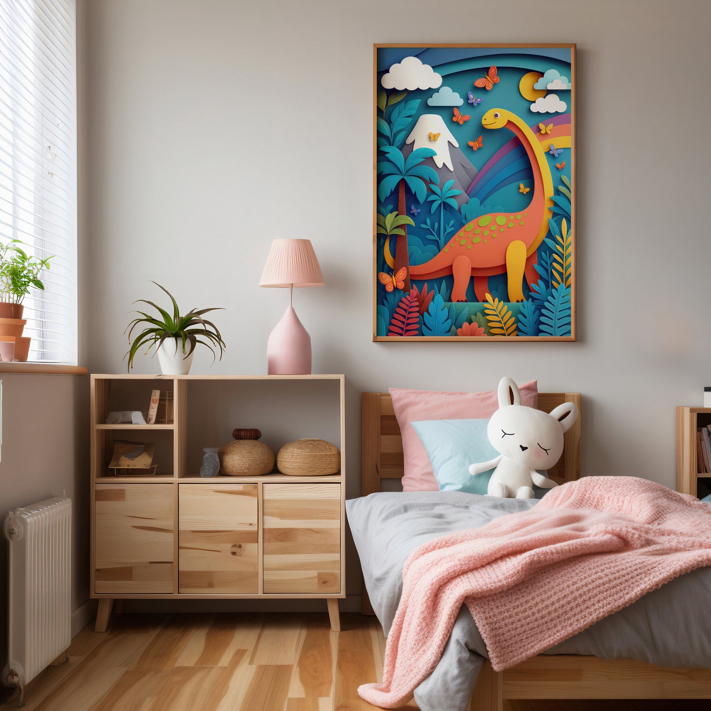 Rainbow dinosaur nursery wall art print featuring friendly brontosaurus illustration displayed in children's bedroom decor.