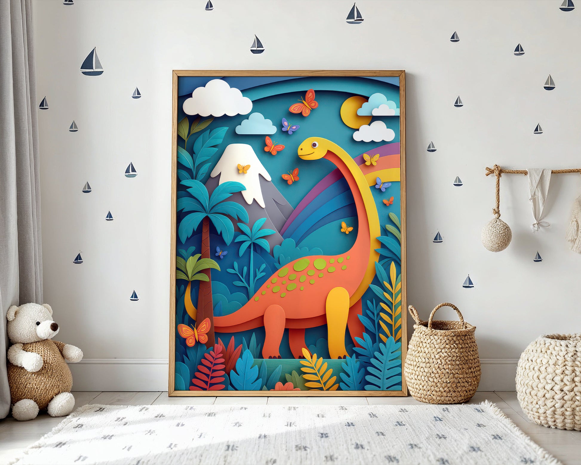 Playful dinosaur nursery poster with colorful brontosaurus illustration styled in modern kids room.
