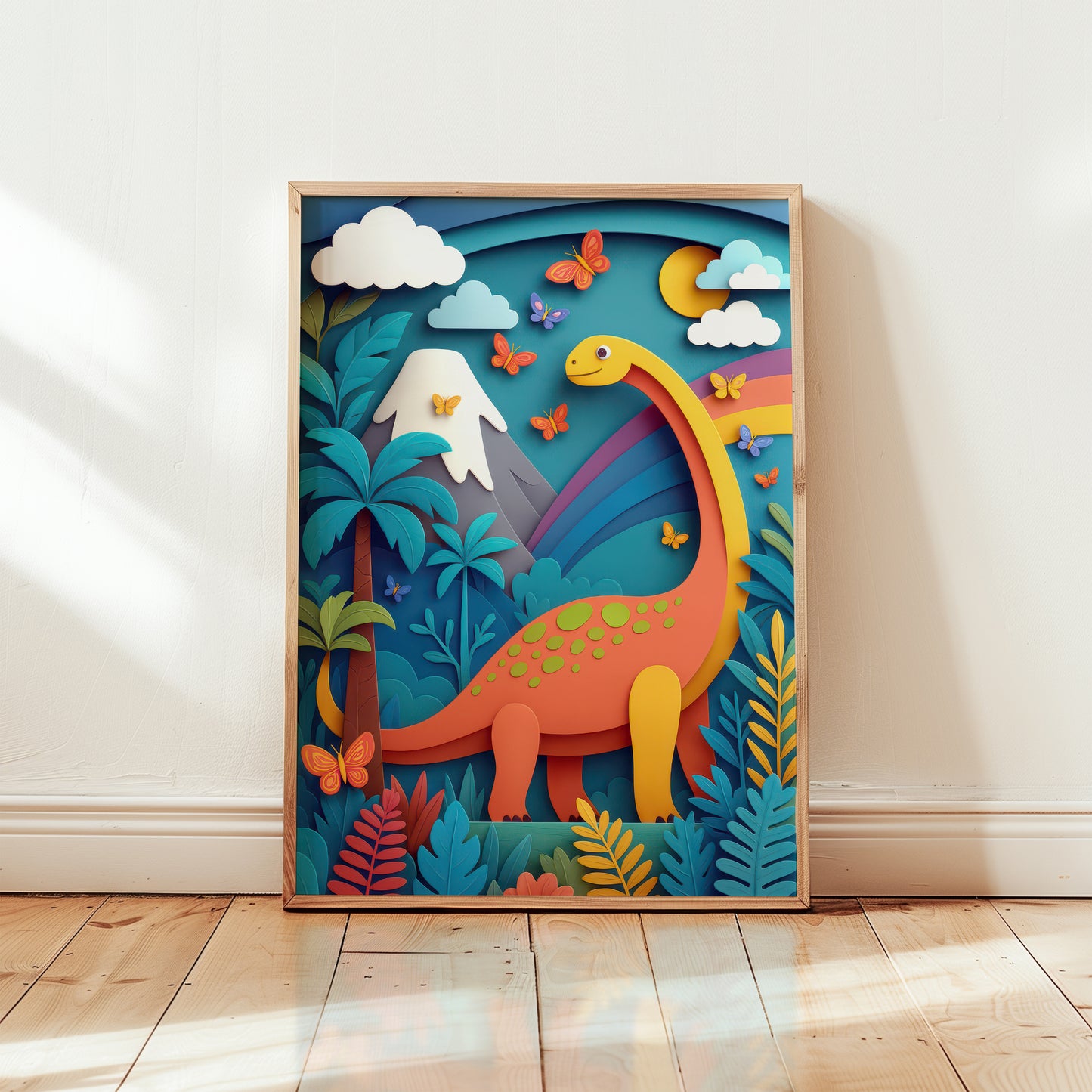 Colorful dinosaur nursery wall art with friendly brontosaurus illustration displayed as framed poster in children's room decor