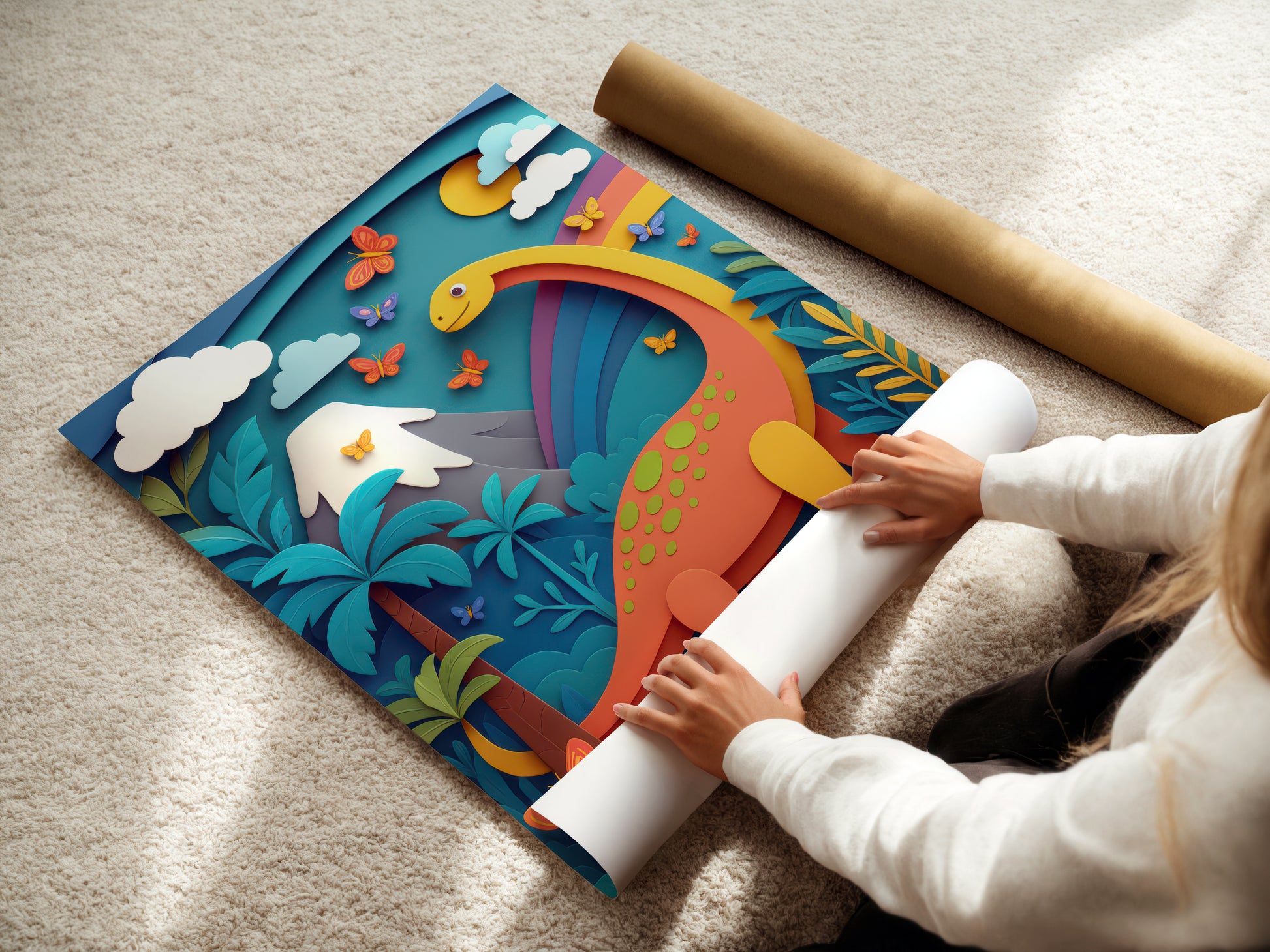 Person unrolling a colorful paper craft of a dragon on a carpeted floor