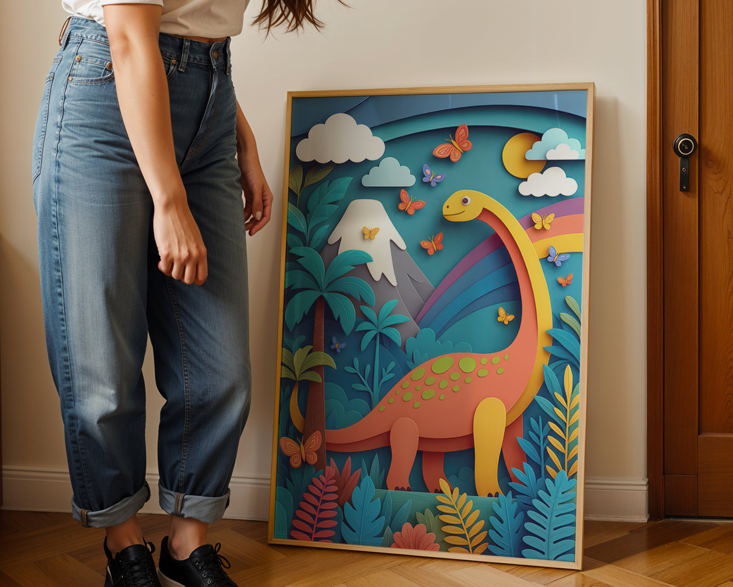 Person standing next to a colorful dinosaur illustration on a wall